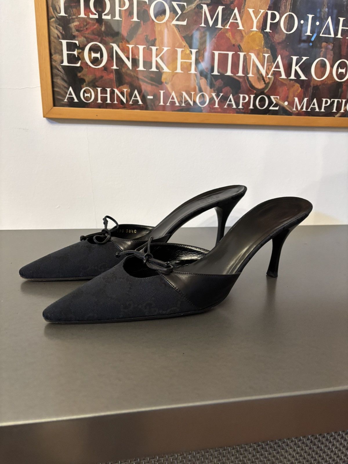 Gucci Black monogram mules grommet accents decorative leather bow Size US 8.5 / IT 38.5 - 12 Thumbnail