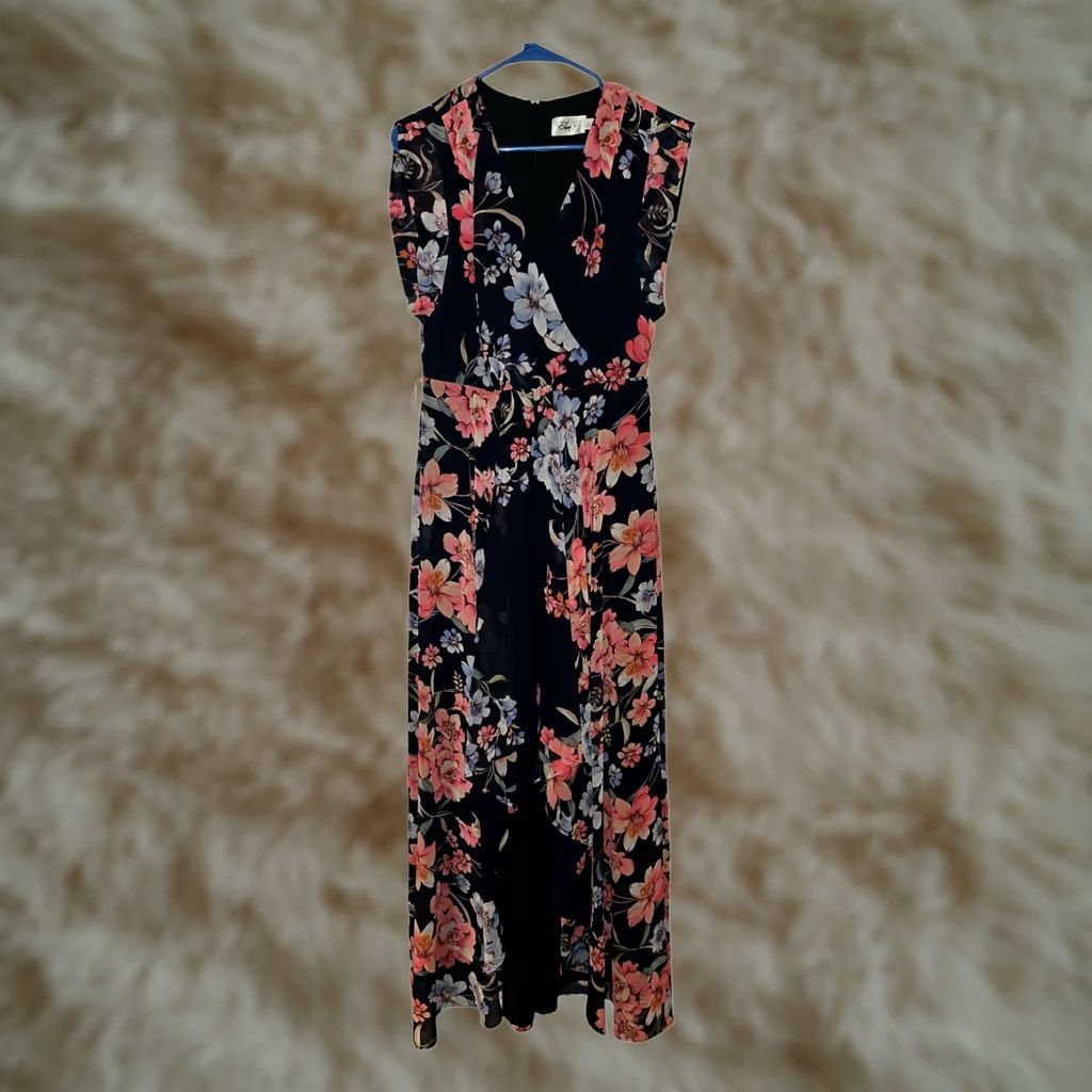 Vintage Eliza J Dress Women's 6 Maxi Hi-Low Floral V-Neck Zip Blue Size M / US 6-8 / IT 42-44 - 1 Thumbnail