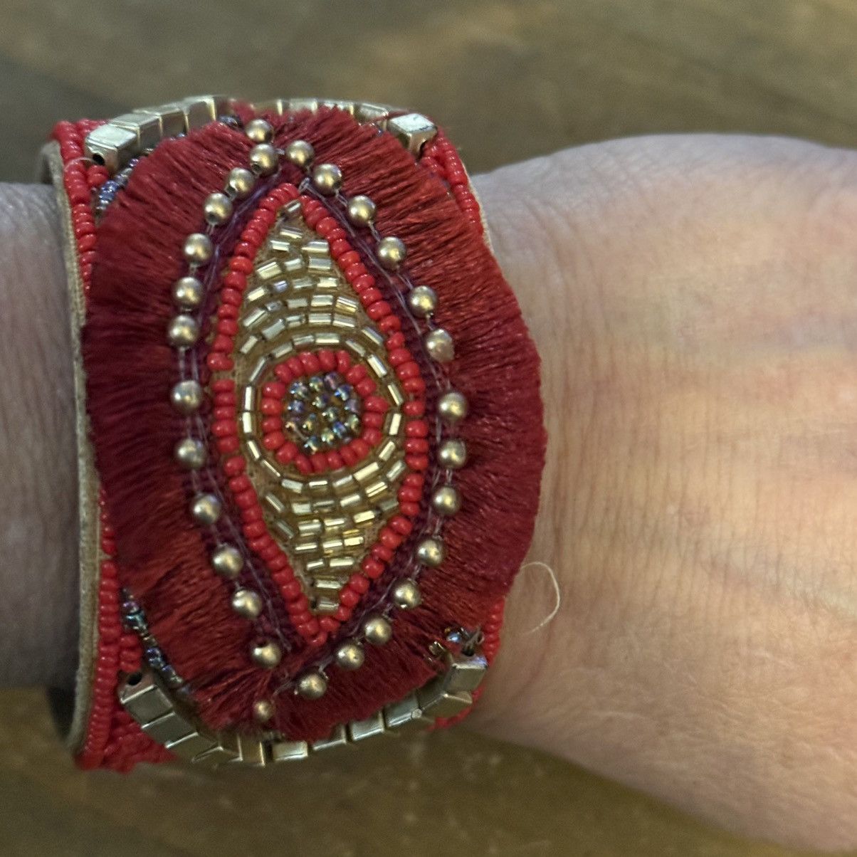 Other Handmade red and gold beaded evil eye wide cuff bracelet Size ONE SIZE - 2 Thumbnail