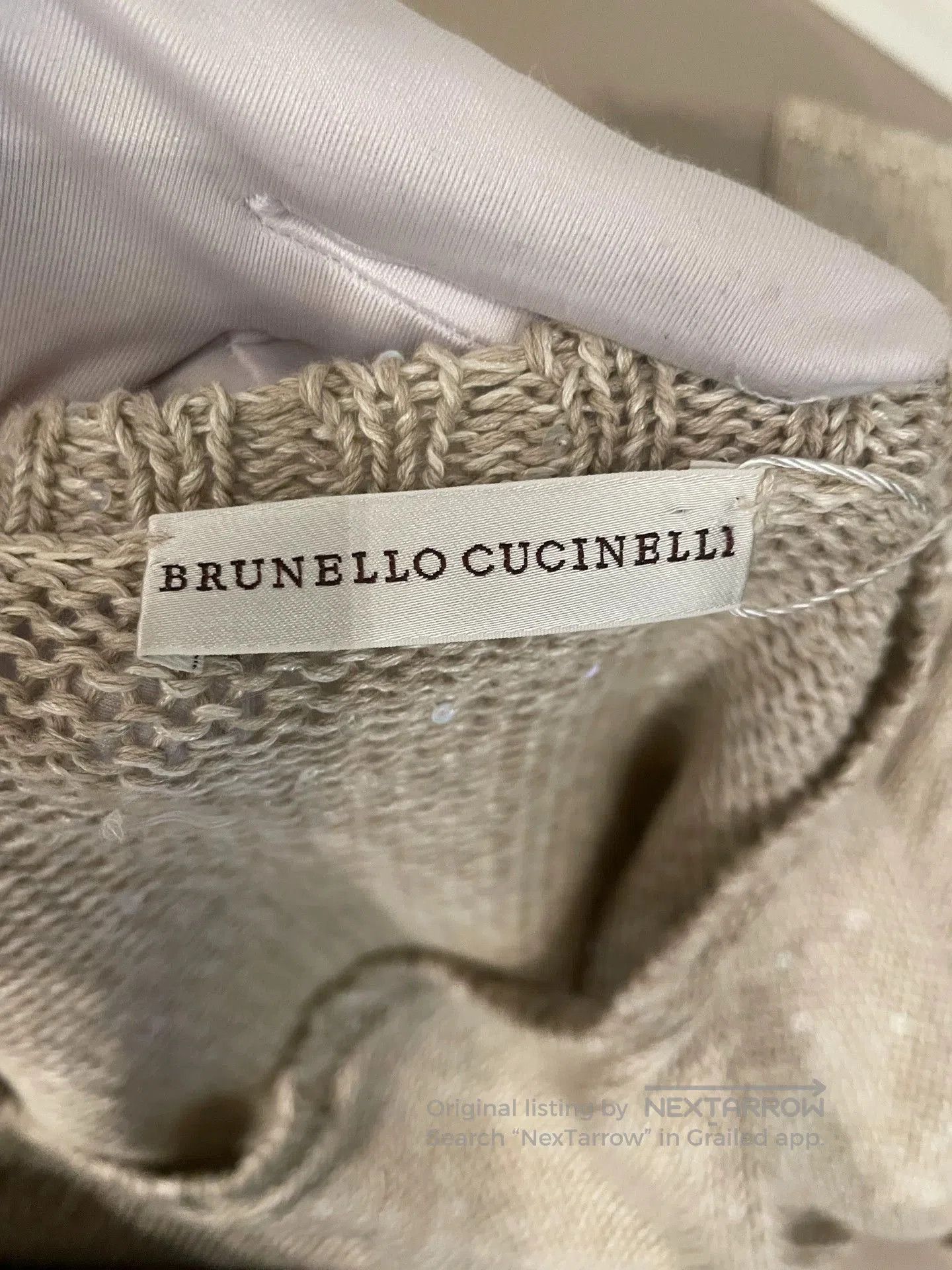 Brunello Cucinelli light khaki sequined linen sweater. Size US M / EU 48-50 / 2 - 3 Thumbnail