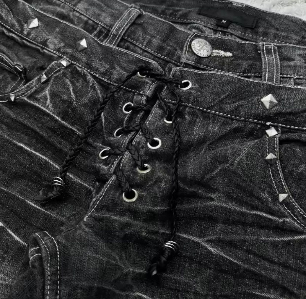 Denime Y2K Washed Jeans Micro Flared Double Waisted Lace Up Pants Size US 37 - 3 Thumbnail