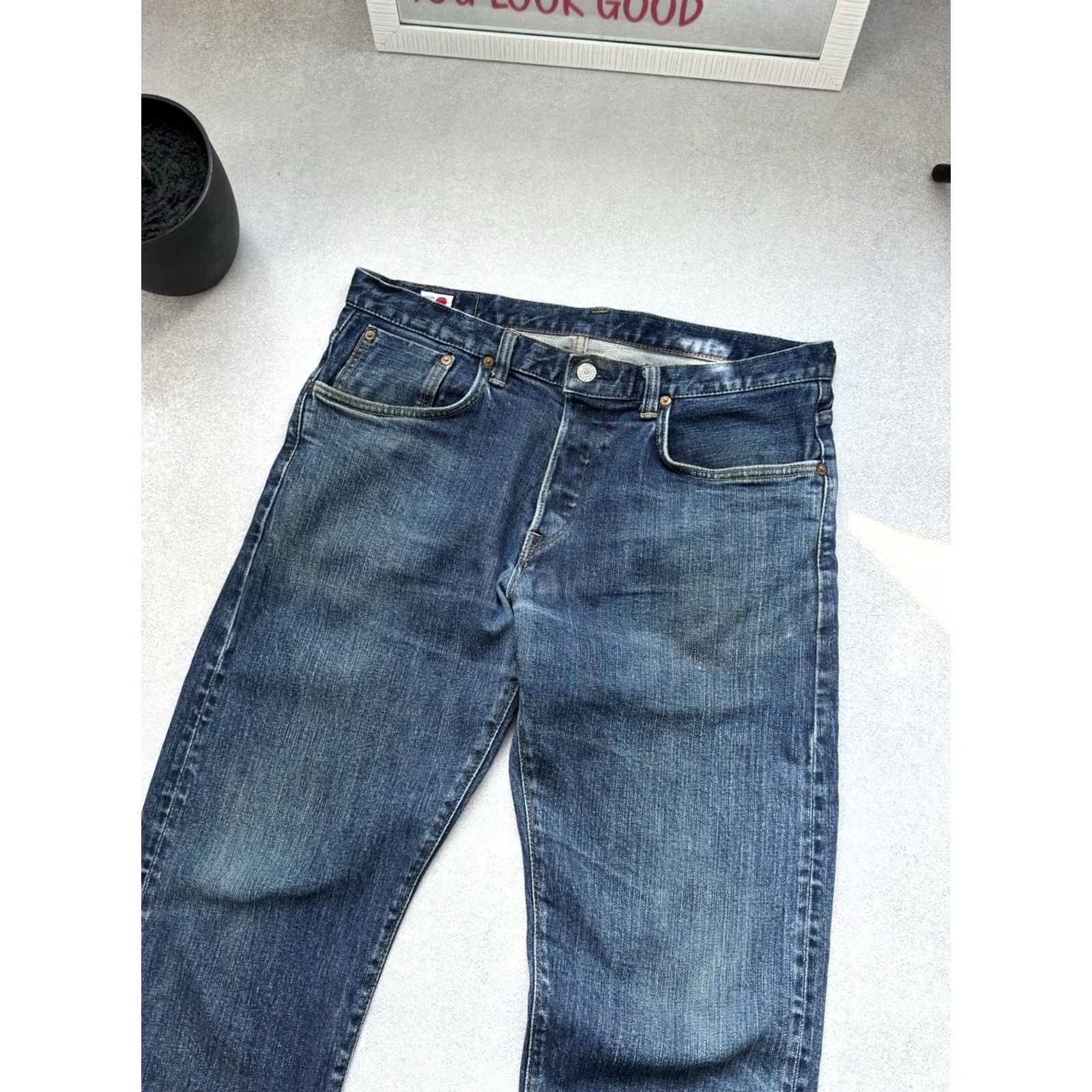 Edwin VINTAGE Edwin Jeans Men Size M 32x32 Selvedge Blue Denim Straight 90s USA Japan Edvin Jeans Streetwear Casual Designer Size US 31 - 5 Thumbnail