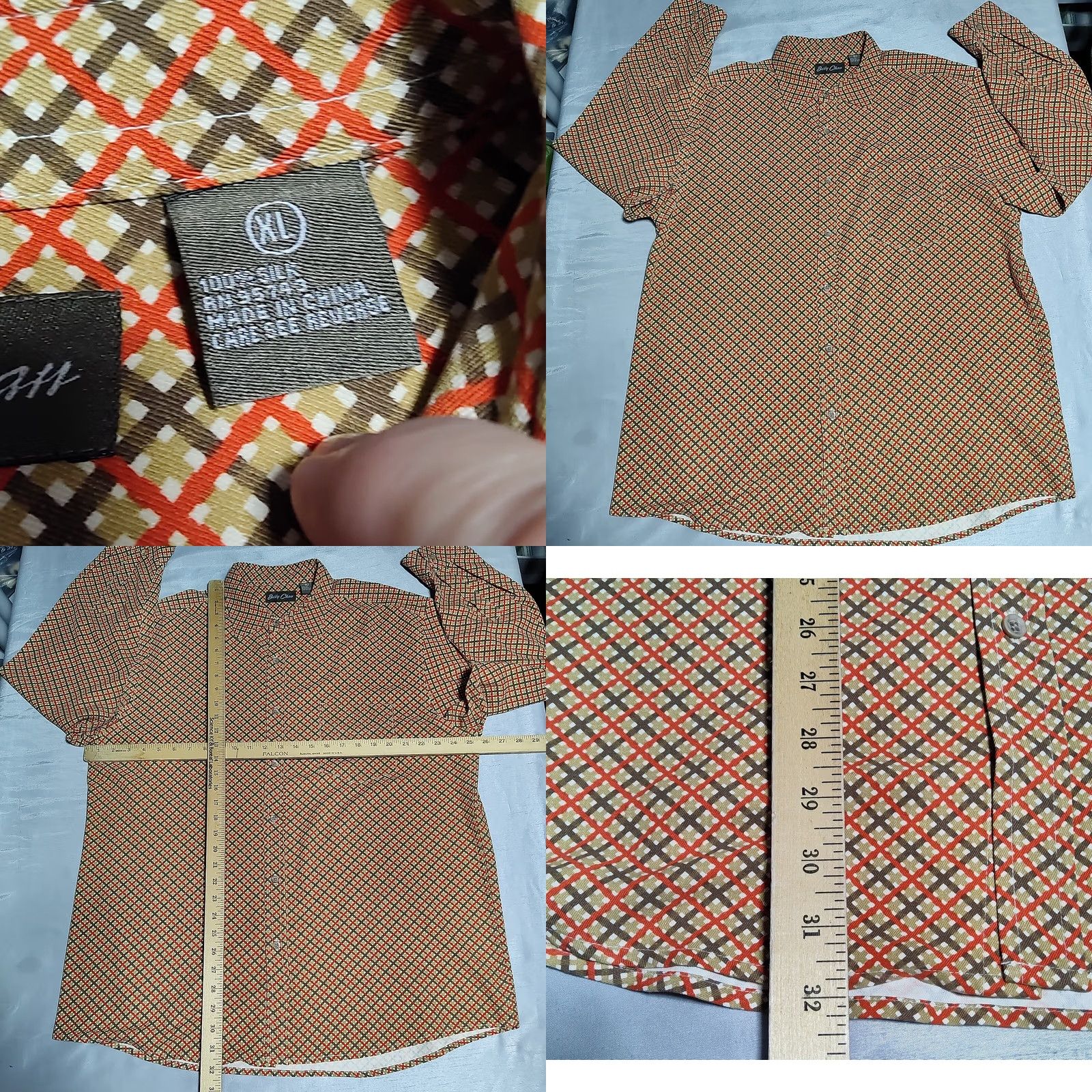 Vintage Bobby Chan Silk Button-Up Shirt XL Orange Brown Diagonal Check Men EUC Size US XL / EU 56 / 4 - 8 Thumbnail