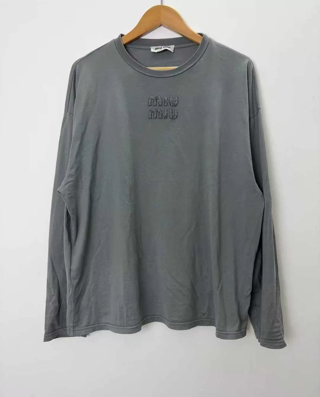 Miu Miu gray embroidered logo long sleeve top Size S / US 4 / IT 40 - 1 Thumbnail