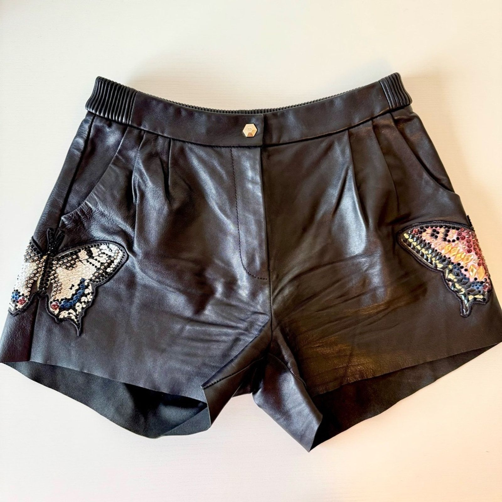 Philipp Plein PHILIP PLEIN Black Leather Shorts with Butterfly, Size S Size 26" / US 2 / IT 38 - 16 Thumbnail