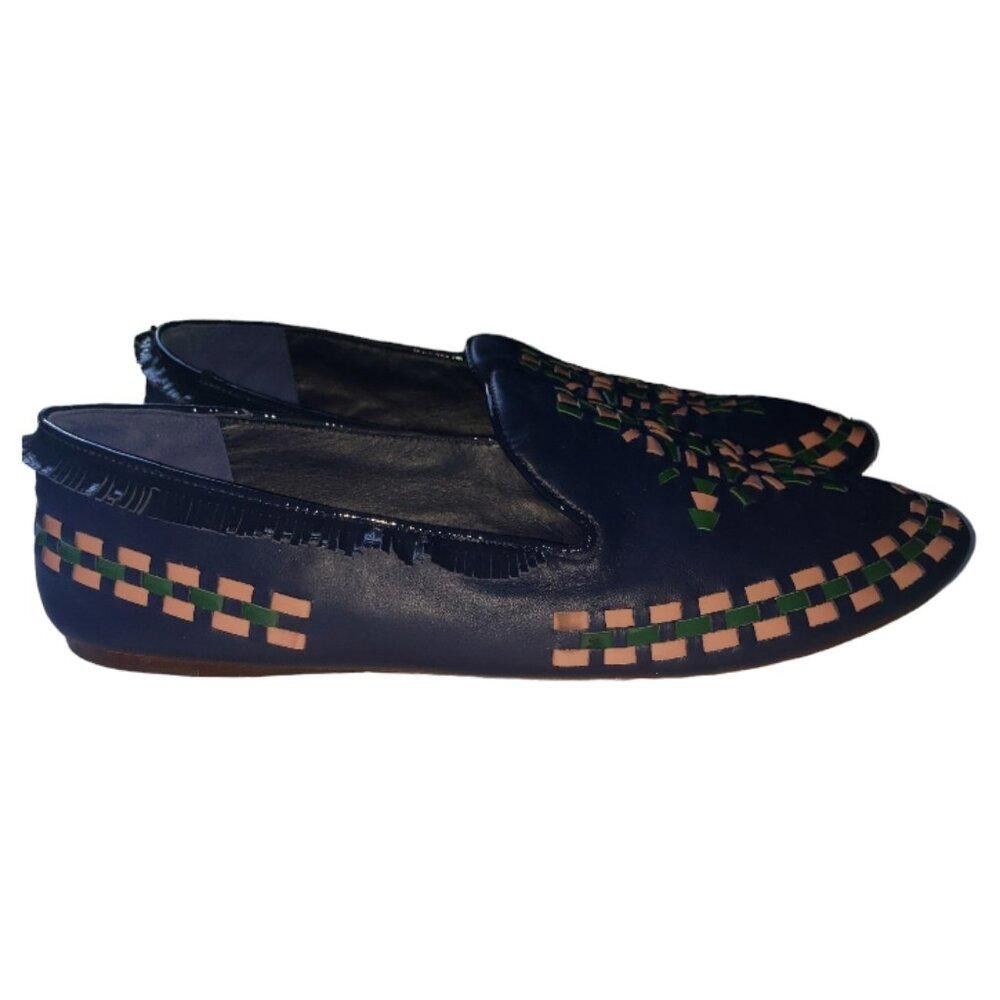 Designer SH126 Tory Burch Leather Fringed Navy Print Loafers 9.5 Size US 9.5 / IT 39.5 - 3 Thumbnail