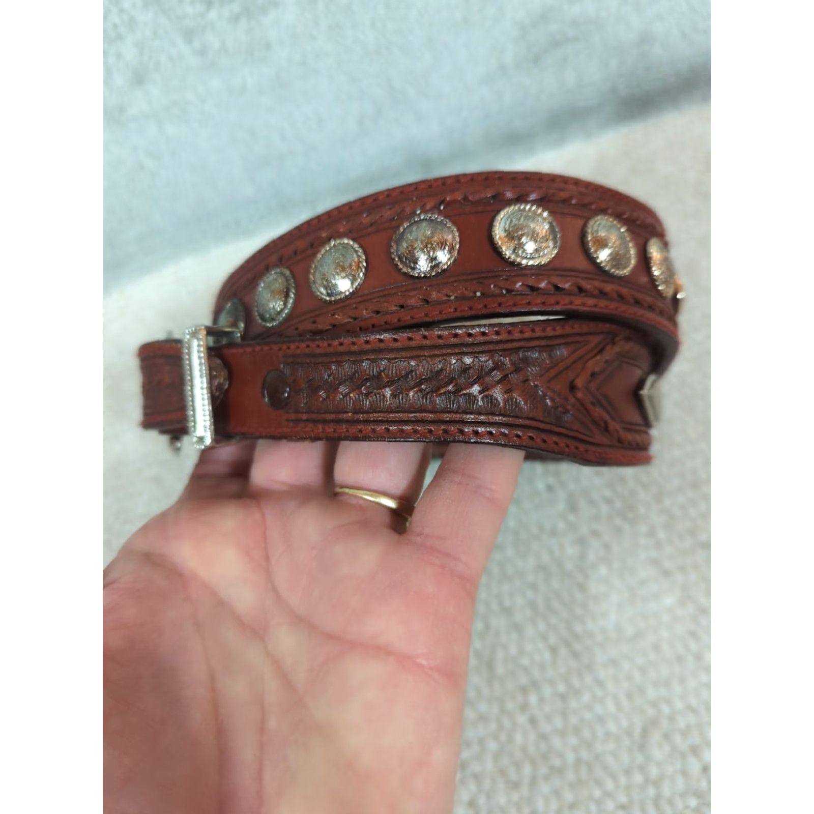 Vintage Nocona Western Belt Unisex Adults Size 32 Brown Leather Hand Tooled Medallions Buckle Adjustable USA Size 32 - 3 Thumbnail