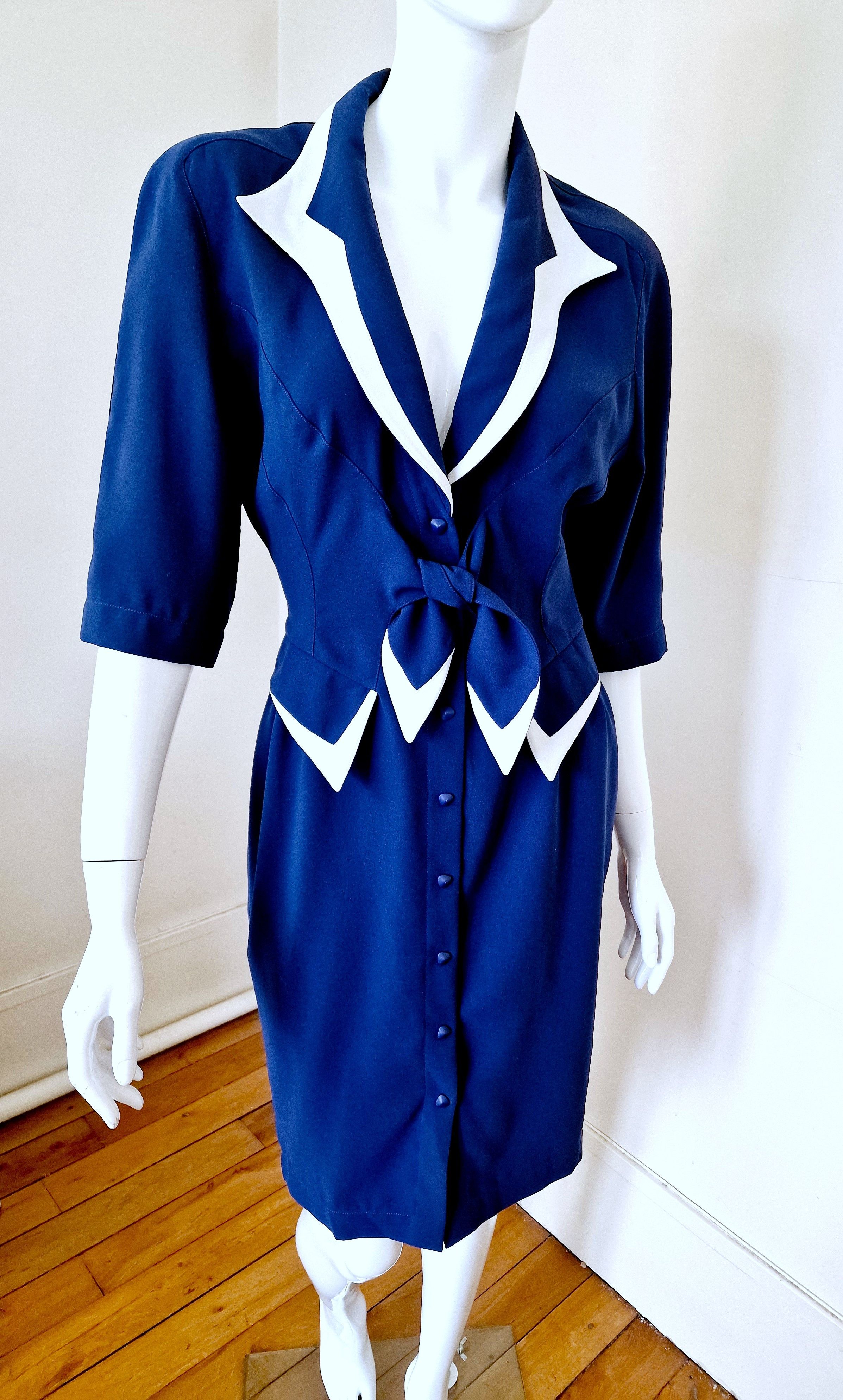 Thierry Mugler Thierry Mugler Navy Blue Crepe Bow Stripe Vintage Dress Size M / US 6-8 / IT 42-44 - 2 Thumbnail