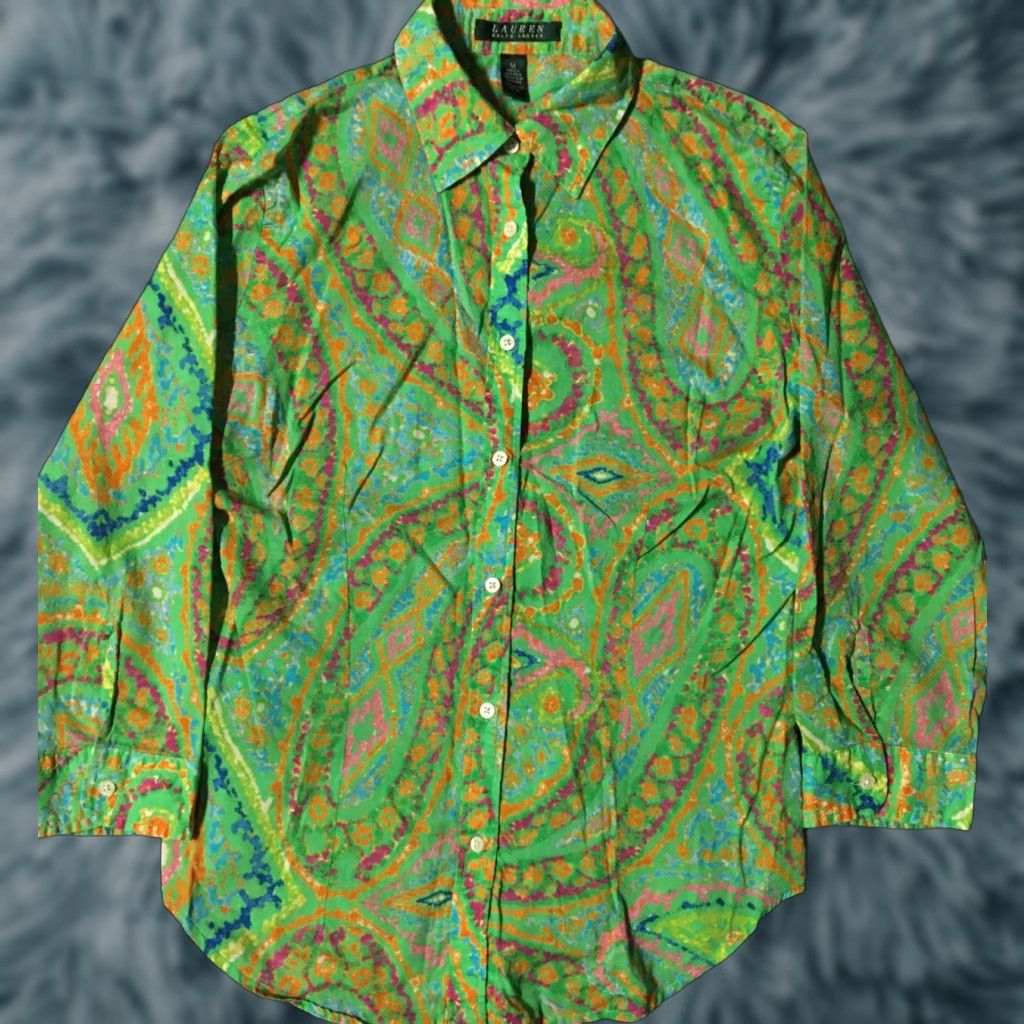 Polo Ralph Lauren VINTAGE Polo Ralph Lauren Button-Down Shirt M Green 90s Abstract Art Paisley Women Shirt Size M / US 6-8 / IT 42-44 - 1 Thumbnail