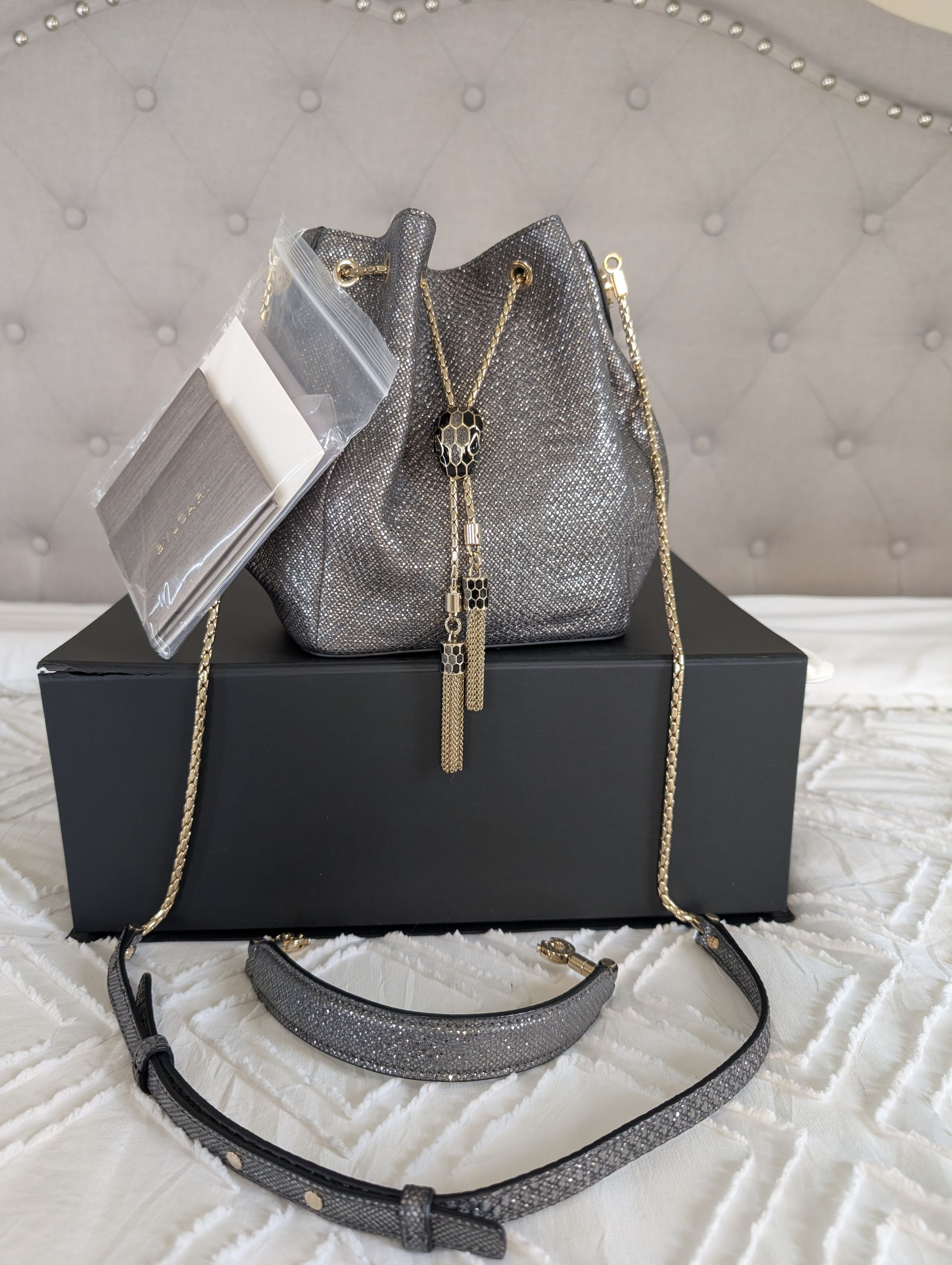 Bvlgari Bvlgari Silver Bucket Drawstring Bag Gold Chain Strap Tassel Size ONE SIZE - 9 Thumbnail