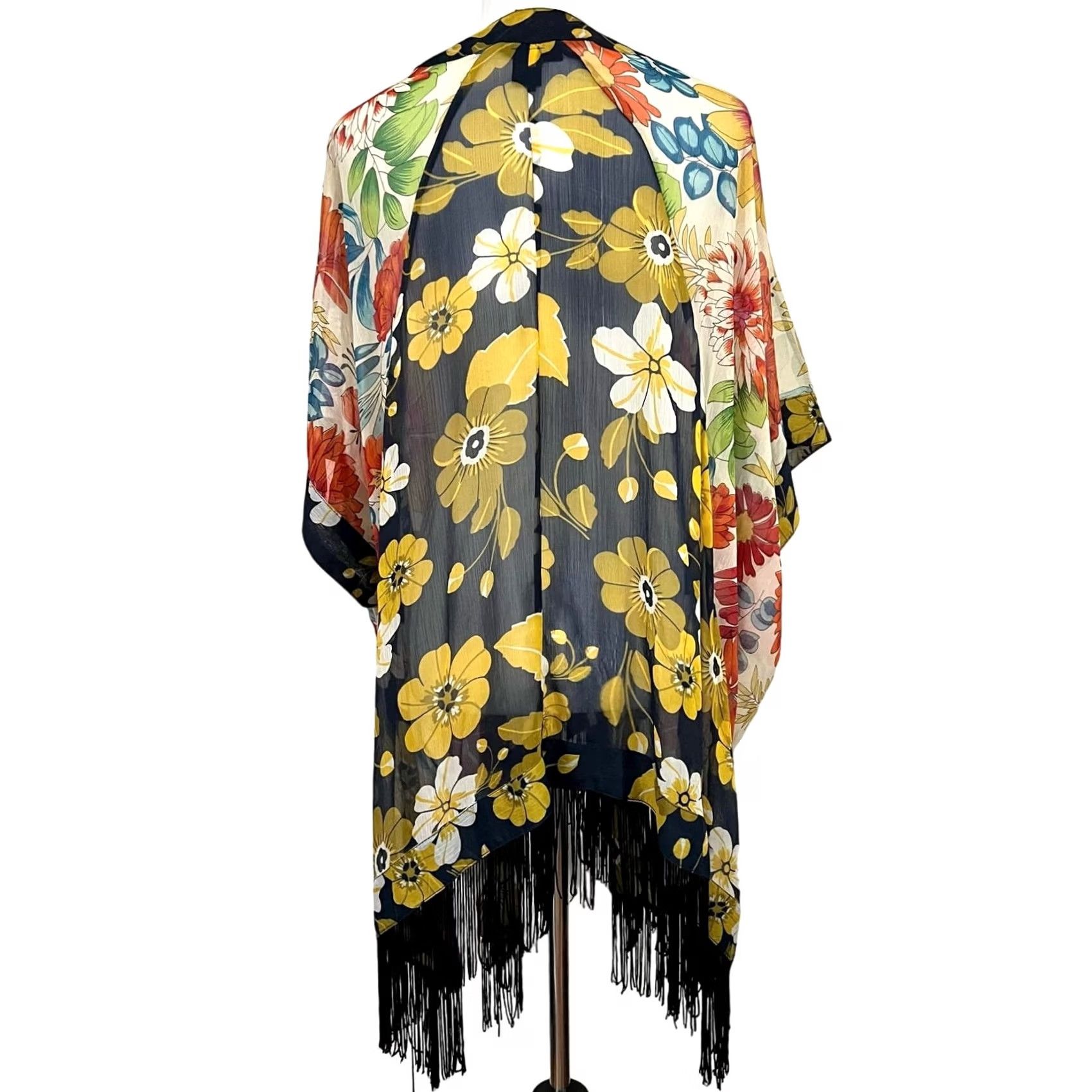 Steve Madden Steve Madden Kimono Cardigan Sheer Floral Butterfly Boho Festival Fringe O/S Women's One Size Multicolor Pattern Florals Cover Up Size ONE SIZE - 6 Thumbnail