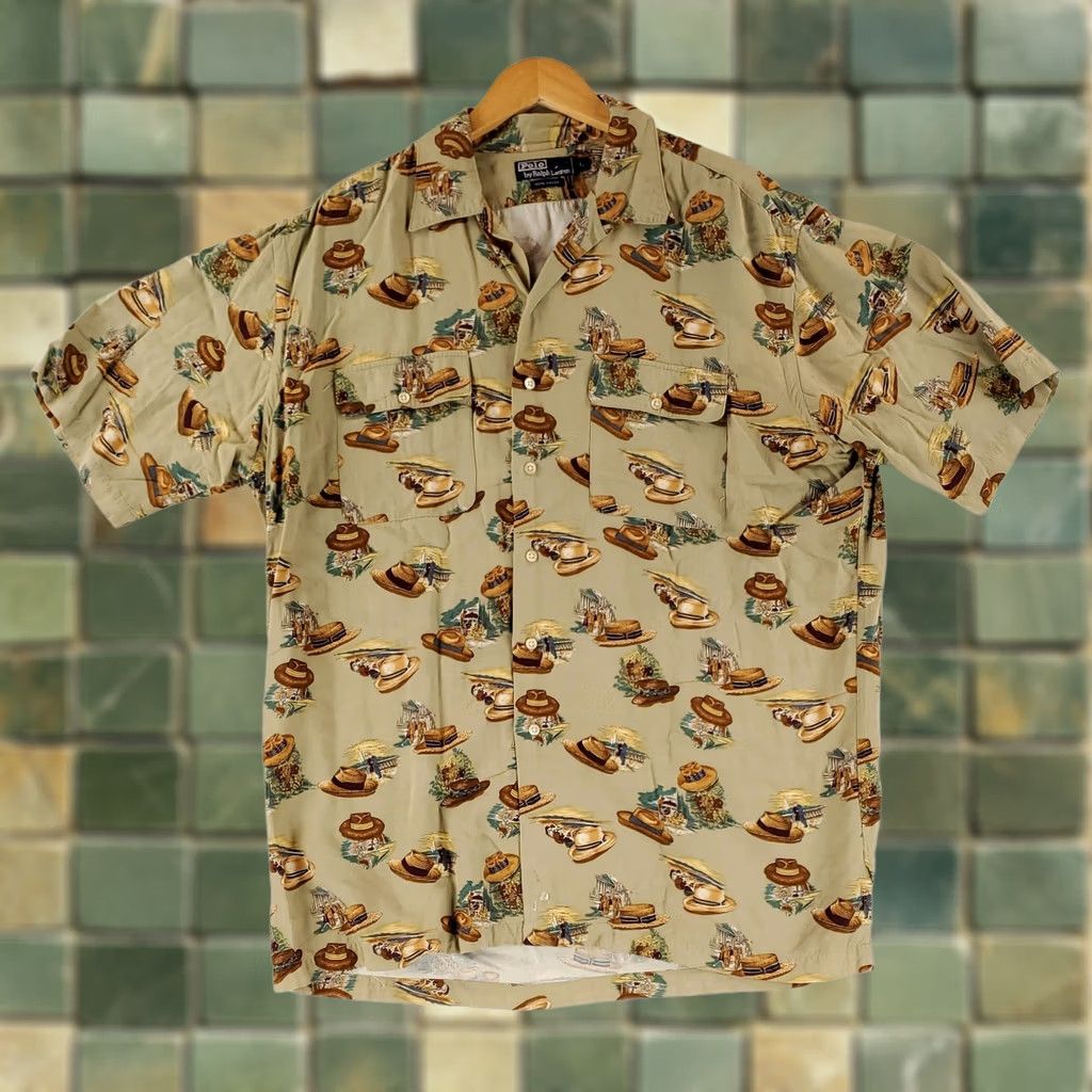 Polo Ralph Lauren VINTAGE Polo Ralph Lauren Shirt Mens L Brown Rayon Short Sleeve AOP Hats Loop Collar - Hole in back Size US L / EU 52-54 / 3 - 1 Thumbnail