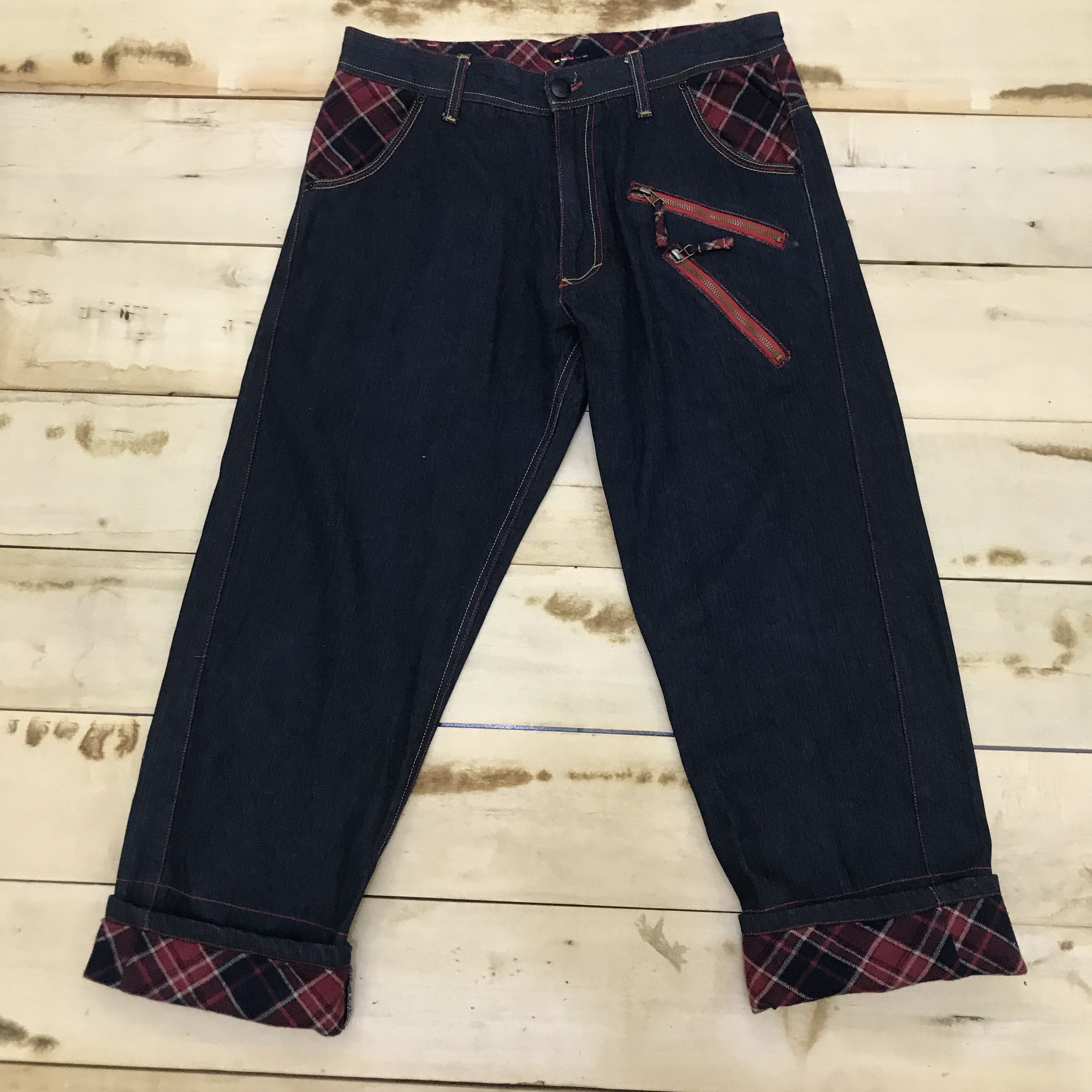 Japanese Brand X197 NEED GONE! BAGGY ZIPPER HYBRID TARTAN AND DENIM JEANS Size US 35 - 2 Thumbnail