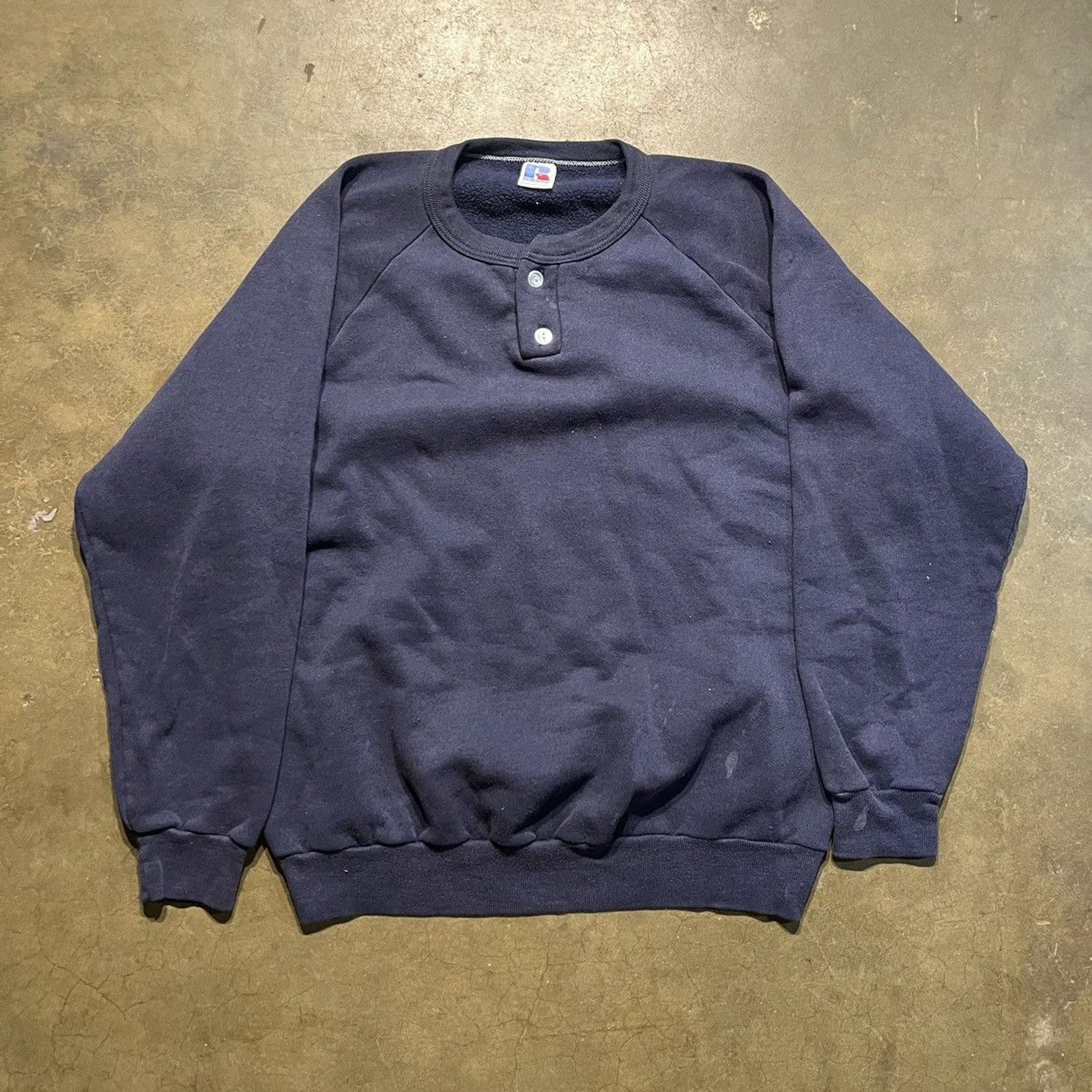 Vintage 80s Russell Athletic Navy Henley Blank Sweatshirt