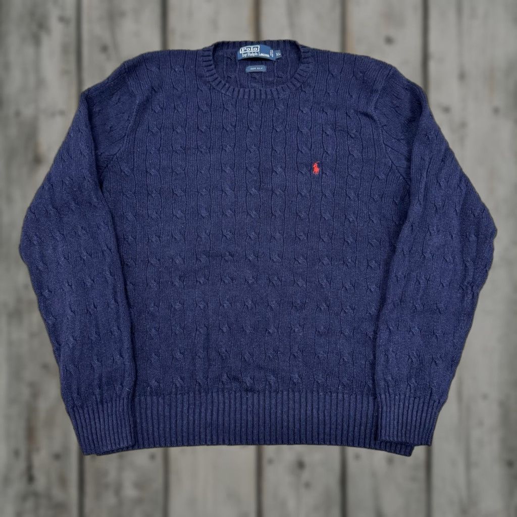 VINTAGE Polo Ralph Lauren Sweater XL Blue 100% Silk Cable