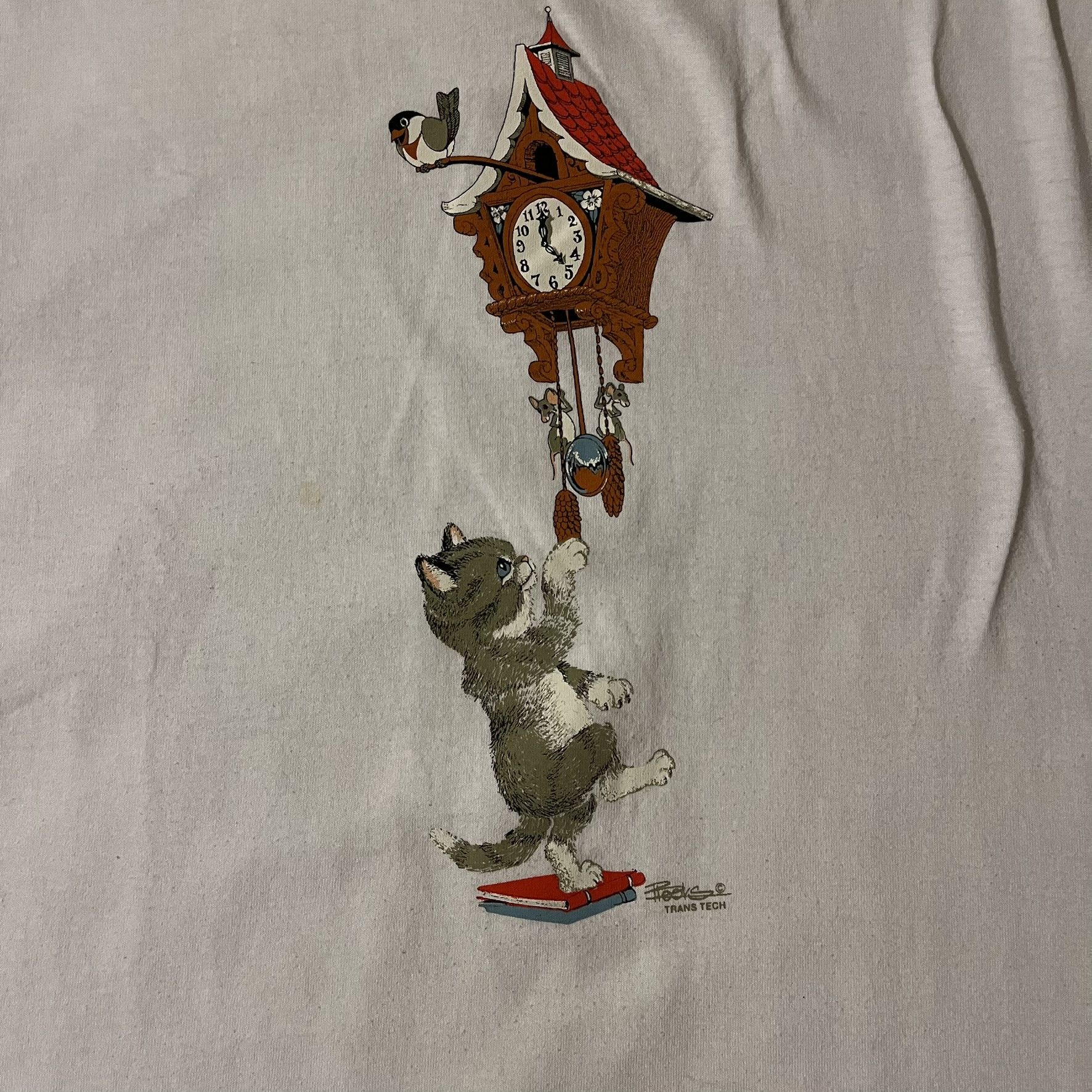Hanes VTG 90s Grey Cat Chasing Mice Grandfather Clock Cute Tee Size L / US 10 / IT 46 - 3 Thumbnail