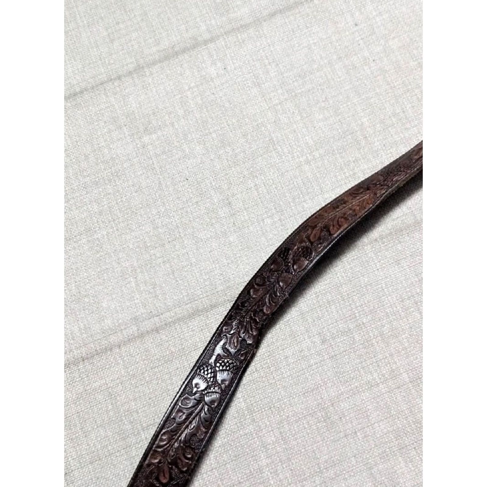 Vintage VINTAGE handcrafted ACORNS belt Tooled western buckle 1-3/8" cowhide leather brown 30 Men Belt Size 30 - 4 Thumbnail