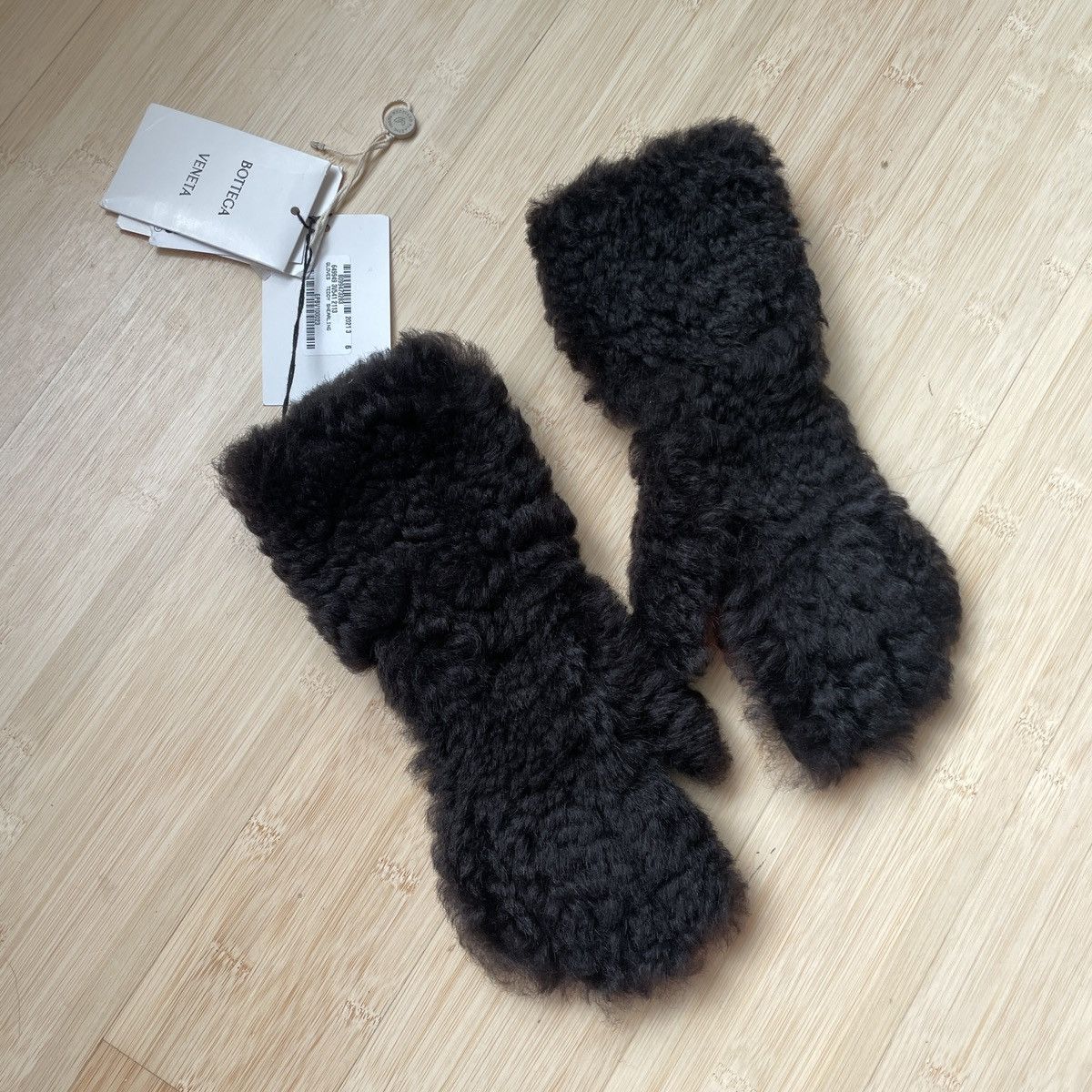 image of Bottega Veneta Teddy Brown Leather & Shearling Gloves, Women's