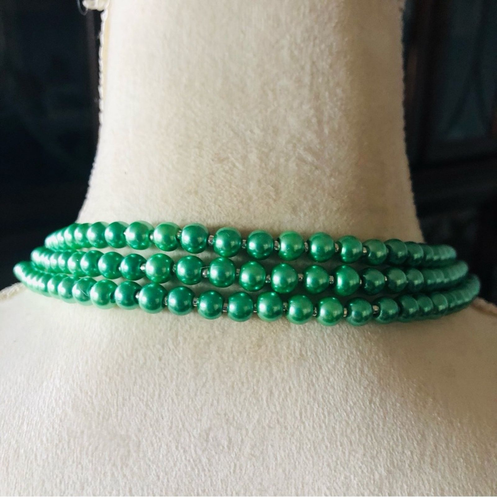 Handmade Handcrafted triple strand green pearl stone clasp necklace Size ONE SIZE - 7 Thumbnail