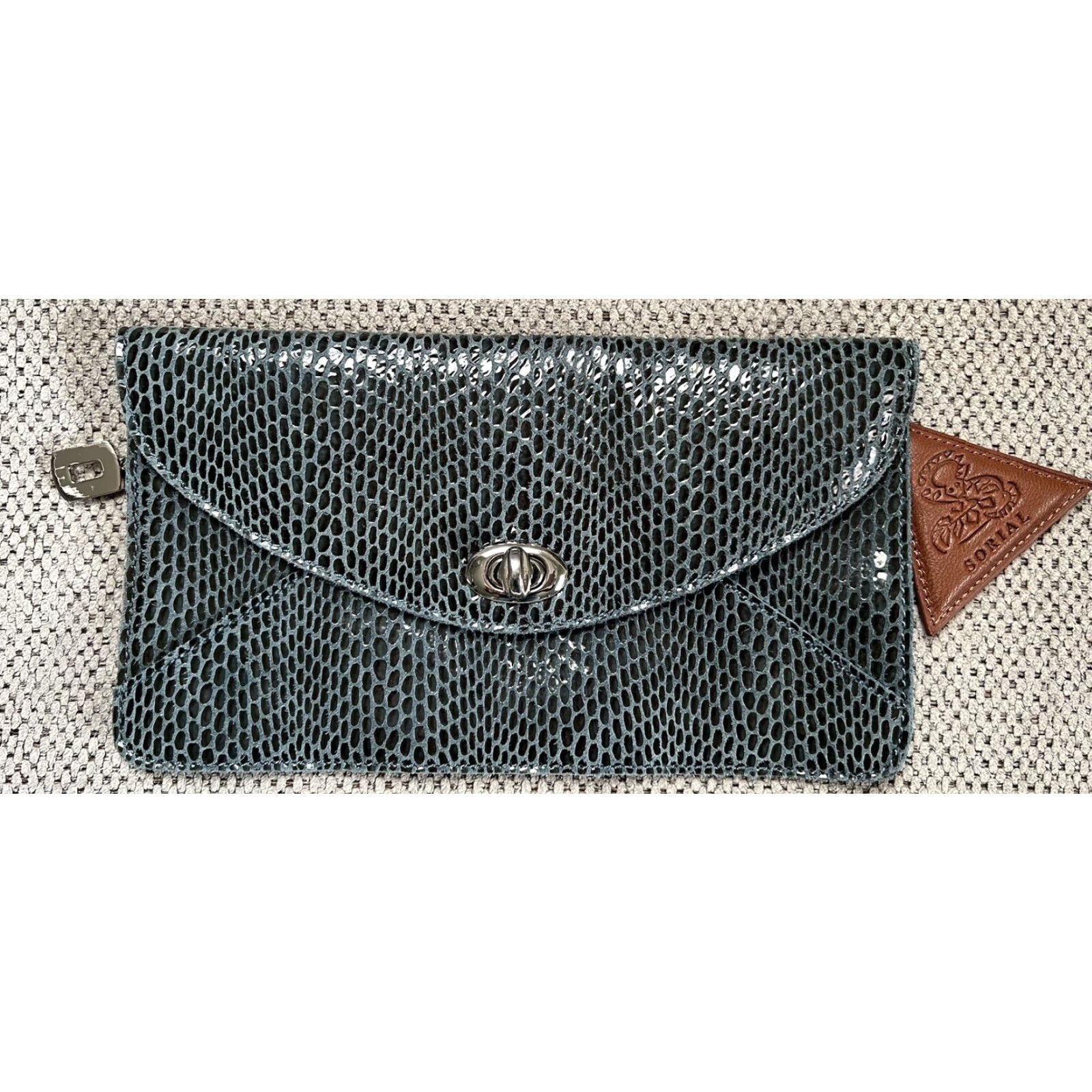 Vintage **SORIAL Coco Rubina Denim Snake Embossed Leather Clutch** User: **SORIAL Coco Rubina Denim Snake Embossed Leather Medium Clutch** Size ONE SIZE - 2 Thumbnail