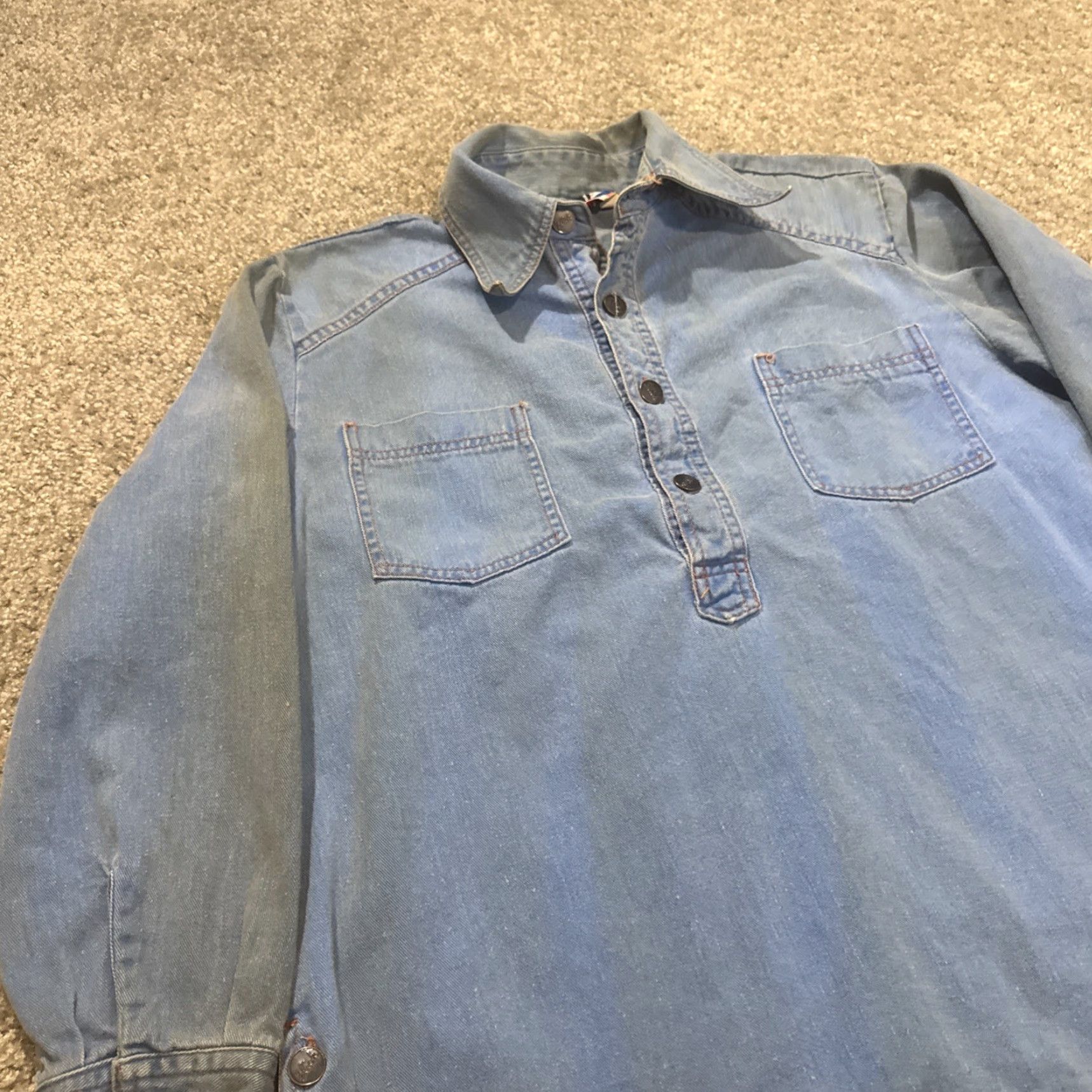 Denime VINTAGE The Flick 60s Denim Half Button Popover Blouse Shirt Women L Blue 60s Theme Size L / US 10 / IT 46 - 3 Thumbnail