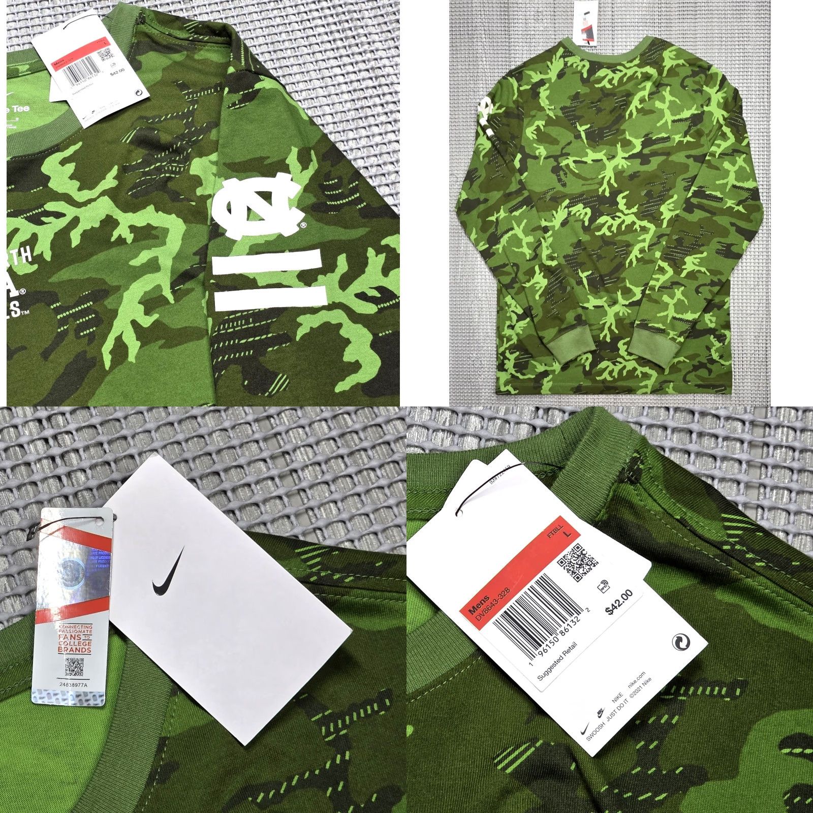 Nike VINTAGE Nike North Carolina UNC Camo Mens L Long Sleeve Tee Crew Neck Shirt Green NWT Size US L / EU 52-54 / 3 - 8 Thumbnail