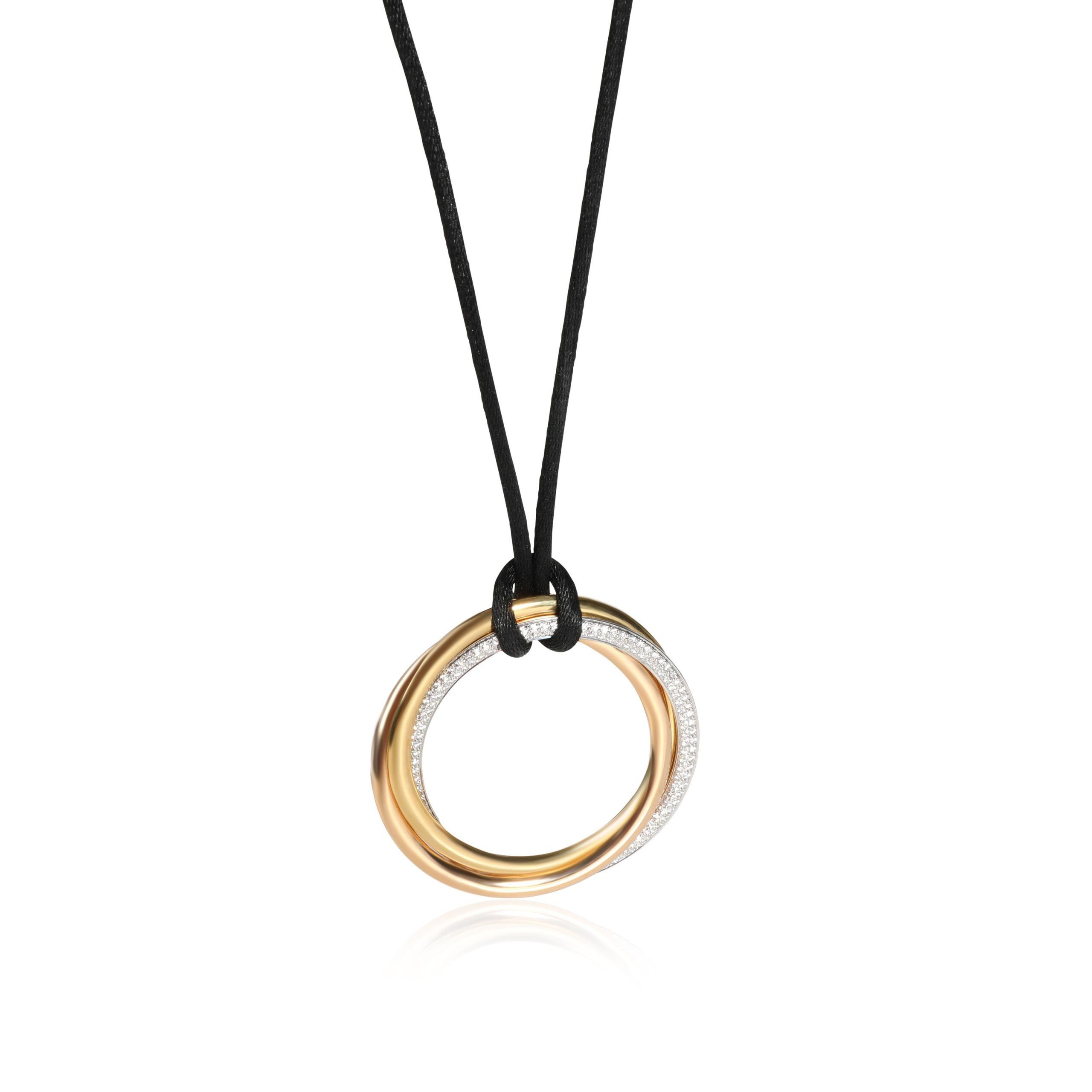 image of Cartier Trinity Diamond Necklace, 18K 3 Tone Gold 1/1 Ctw, On A Black Silk Cord, Women's