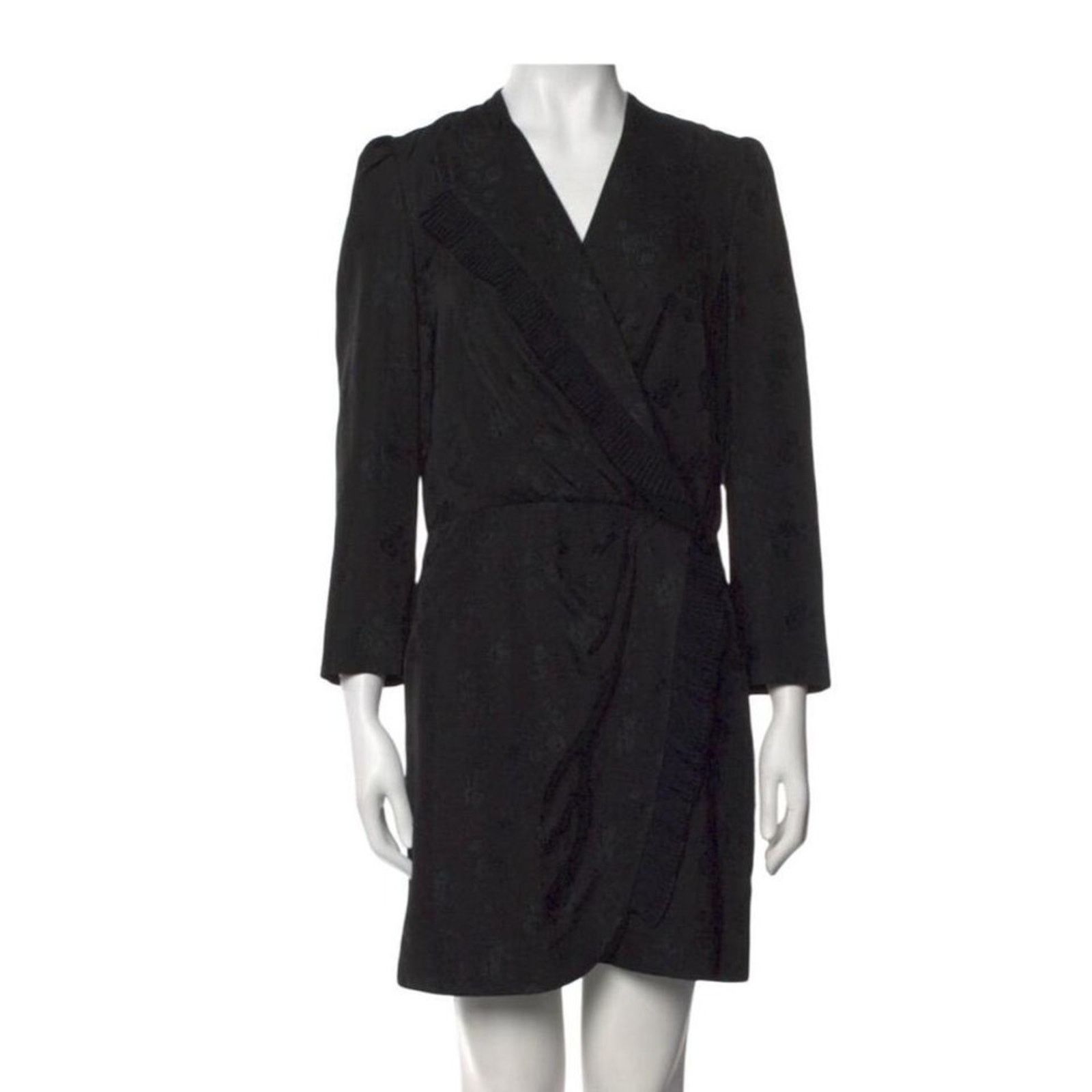Sandro Sandro Black V-Neck Wrap Mini Dress Puff Sleeve Textured Size M / US 6-8 / IT 42-44 - 1 Thumbnail