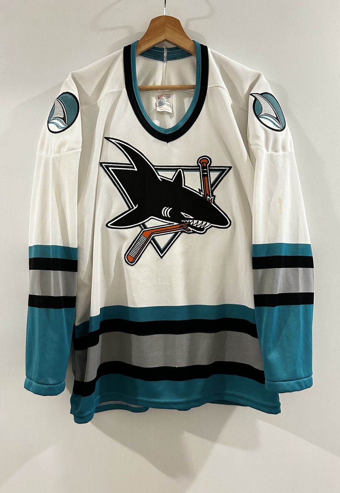 image of Ccm x Nhl Vintage 90's San Jose Sharks Hockey Jersey in White Blue, Men's (Size Large)