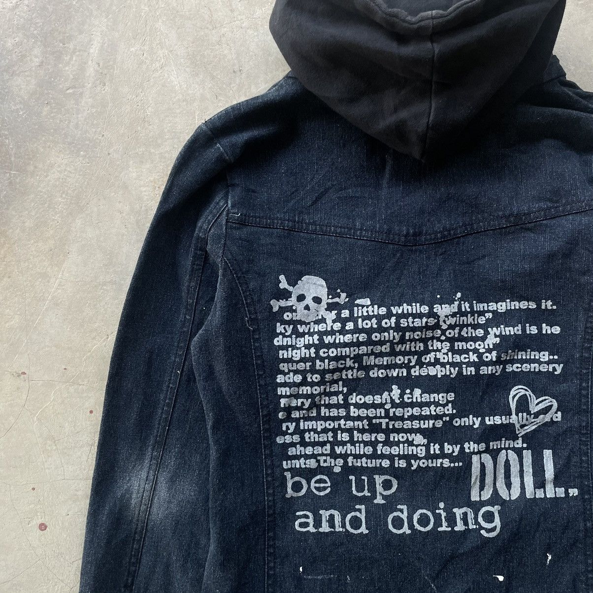 14th Addiction 2000s LIZ LISA DOLL GOTHIC PUNK SKULL POEM JACKET DENIM HOOD Size XS / US 0-2 / IT 36-38 - 15 Thumbnail
