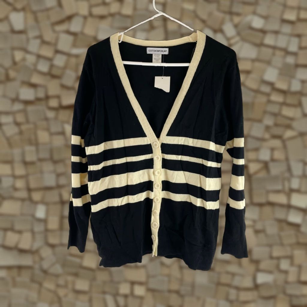 Vintage Cotton Emporium Cardigan Sweater Women's L Black Cream Stripes Buttoned NWT, Cardigan, Women, L, Black, Stripes, Buttoned, NWT Size L / US 10 / IT 46 - 1 Thumbnail