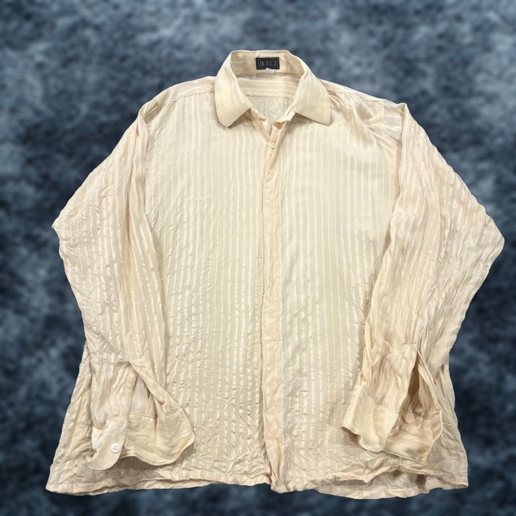 Vintage VINTAGE Booci Shirt Mens Large Yellow Tan 100% Silk Disco Long Sleeve 70s Shirt Mens Vintage Booci Yellow Silk Long Sleeve Button-Up 70s Size US L / EU 52-54 / 3 - 1 Thumbnail