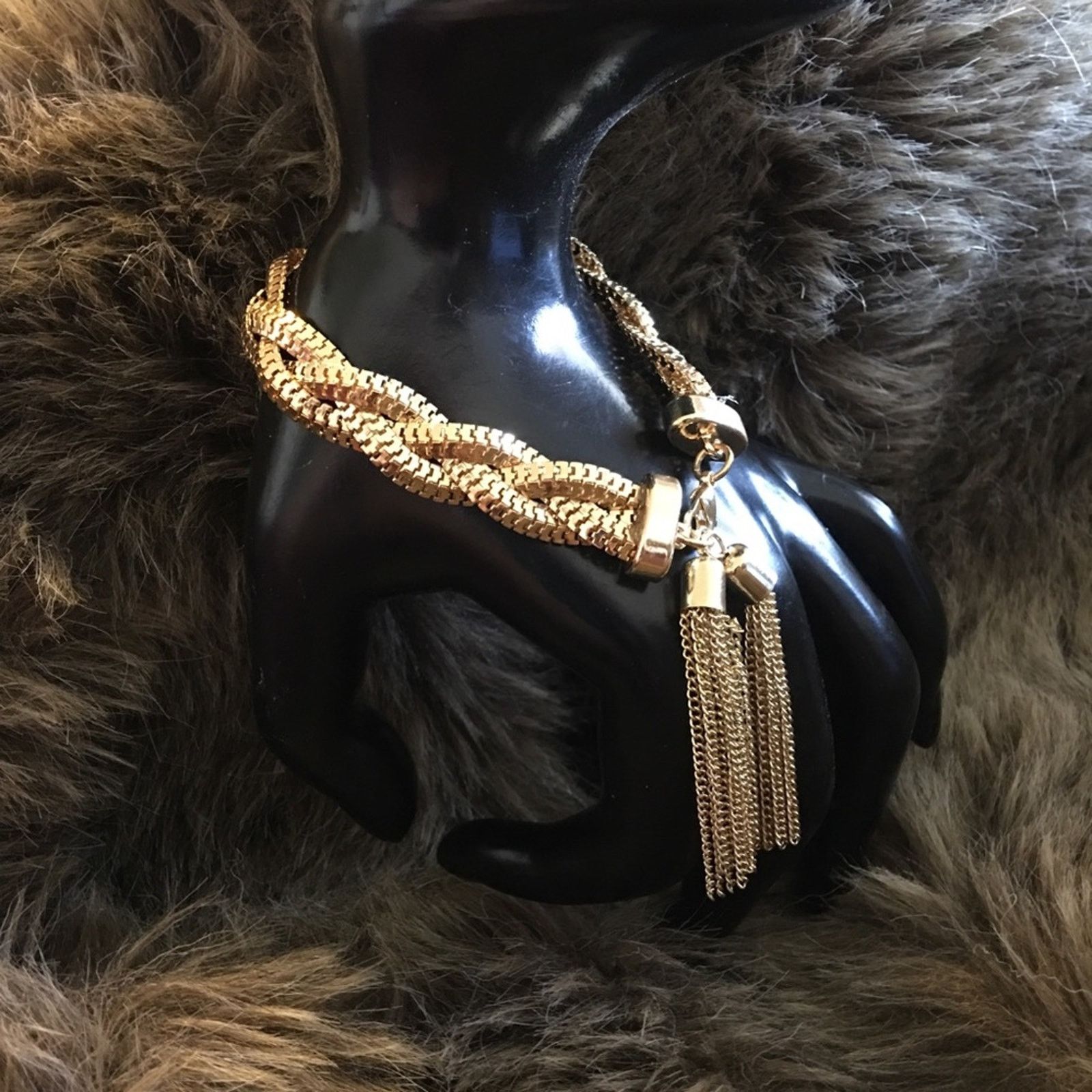 Jewelry Gold tone braided chain bracelet with tassel Size ONE SIZE - 3 Thumbnail
