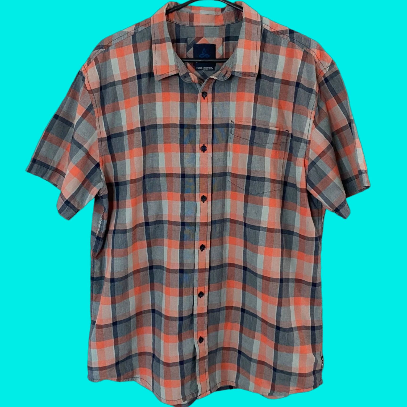 Prana prAna Bryner Sport Shirt Gray/Orange Plaid Men's XL Short-Sleeve Button-Up Size US XL / EU 56 / 4 - 1 Thumbnail