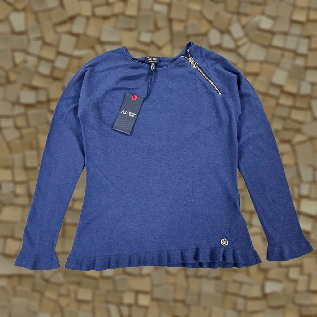 Vintage Armani Jeans Jumper Blue Medium Wool Pullover Knit Crew Neck Long Sleeve Ruffle Accents Womens Casual City Designer - No, cannot include dash. Size M / US 6-8 / IT 42-44 - 1 Thumbnail
