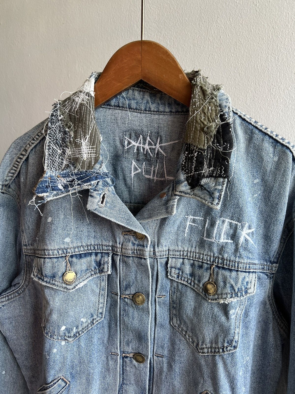Handmade Patchwork Vintage “FUCK” Denim Jacket by Darkpull Size US S / EU 44-46 / 1 - 1 Thumbnail