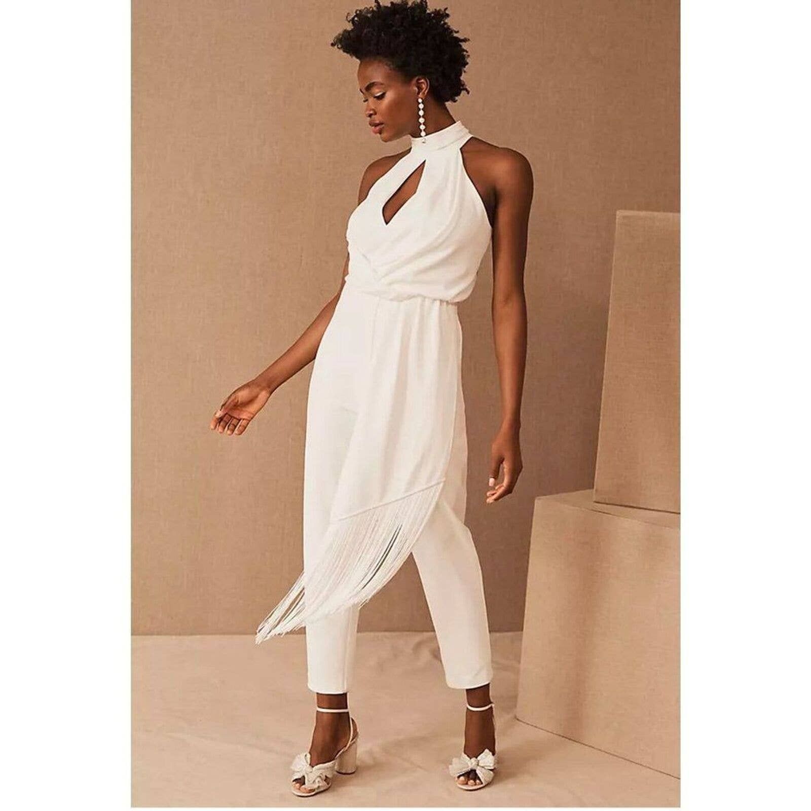 image of Anthropologie NWT Bhldn One33 Social Alanna Ivory Fringe Halter Jumpsuit 8 in Cream, Women's (Size 