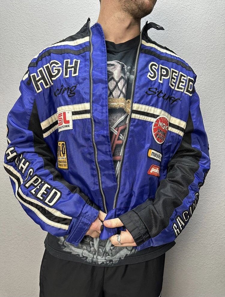 image of Jacket High Speed Racing Team Moto Jacket Y2K Streetwear in Blue, Men's (Size Medium)