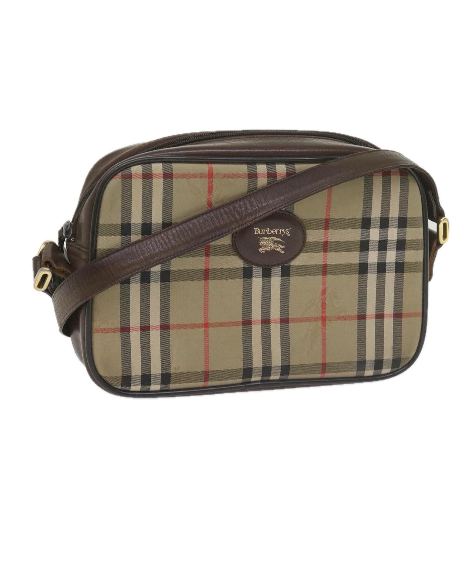 image of Burberry Check Print Canvas Shoulder Bag in Beige, Women's