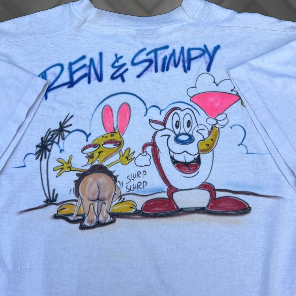 VINTAGE Nickelodeon The Ren & Stimpy Show T-Shirt Mens XL White 90s Funny Raunchy Cartoon Graphic Print Crew Neck Short Sleeve Cotton Blend