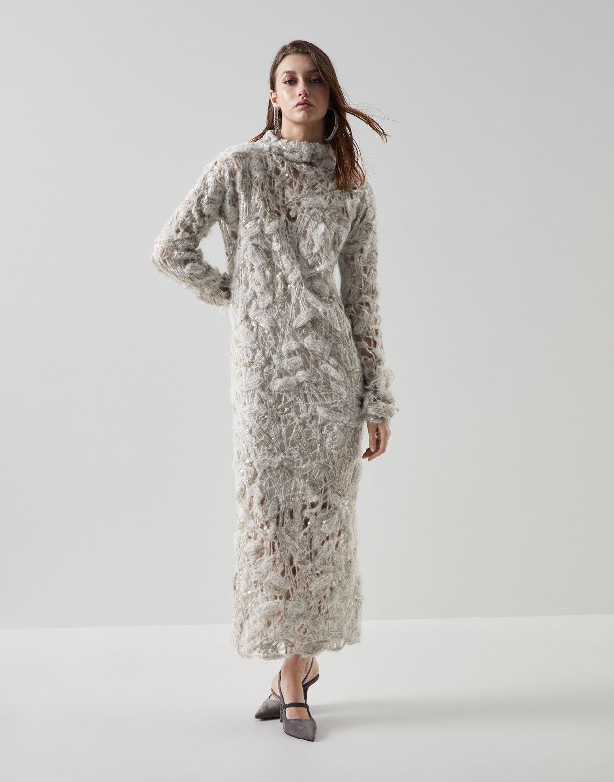 Brunello Cucinelli o1la1rc1a0225 Dress With Fur Details in Light Grey Size S / US 4 / IT 40 - 4 Thumbnail