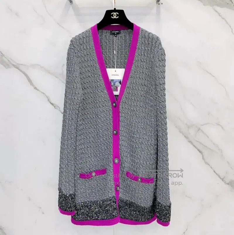 Chanel Chanel Gray Long Sleeve Cardigan with Pink Trim . Size L / US 10 / IT 46 - 1 Thumbnail