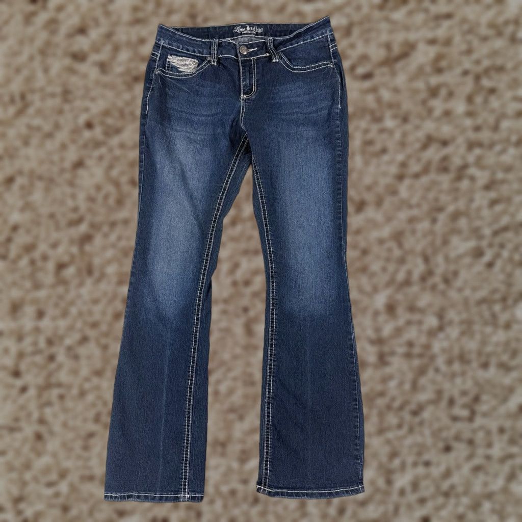 Denime Love Indigo Jeans Women 8 Blue Denim Flared Low Rise 30x30 Embroidered Sequin 5-Pocket Cotton Blend Medium Wash Vintage No N/A Size 30" / US 8 / IT 44 - 1 Thumbnail