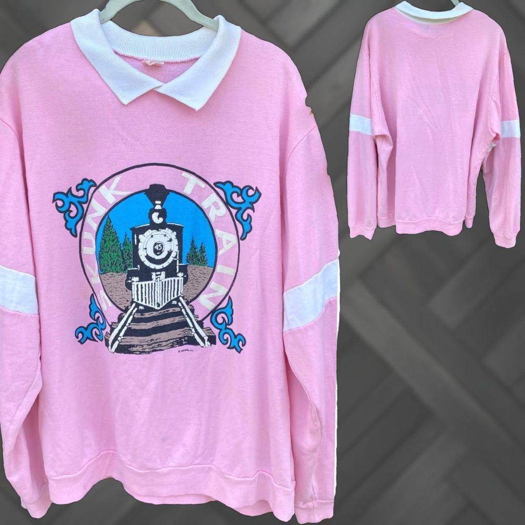 Pinko VINTAGE Western Shirt Line Pink Graphic Sweatshirt XL Men 80s 1980s Licensed Worn Size US XL / EU 56 / 4 - 1 Thumbnail