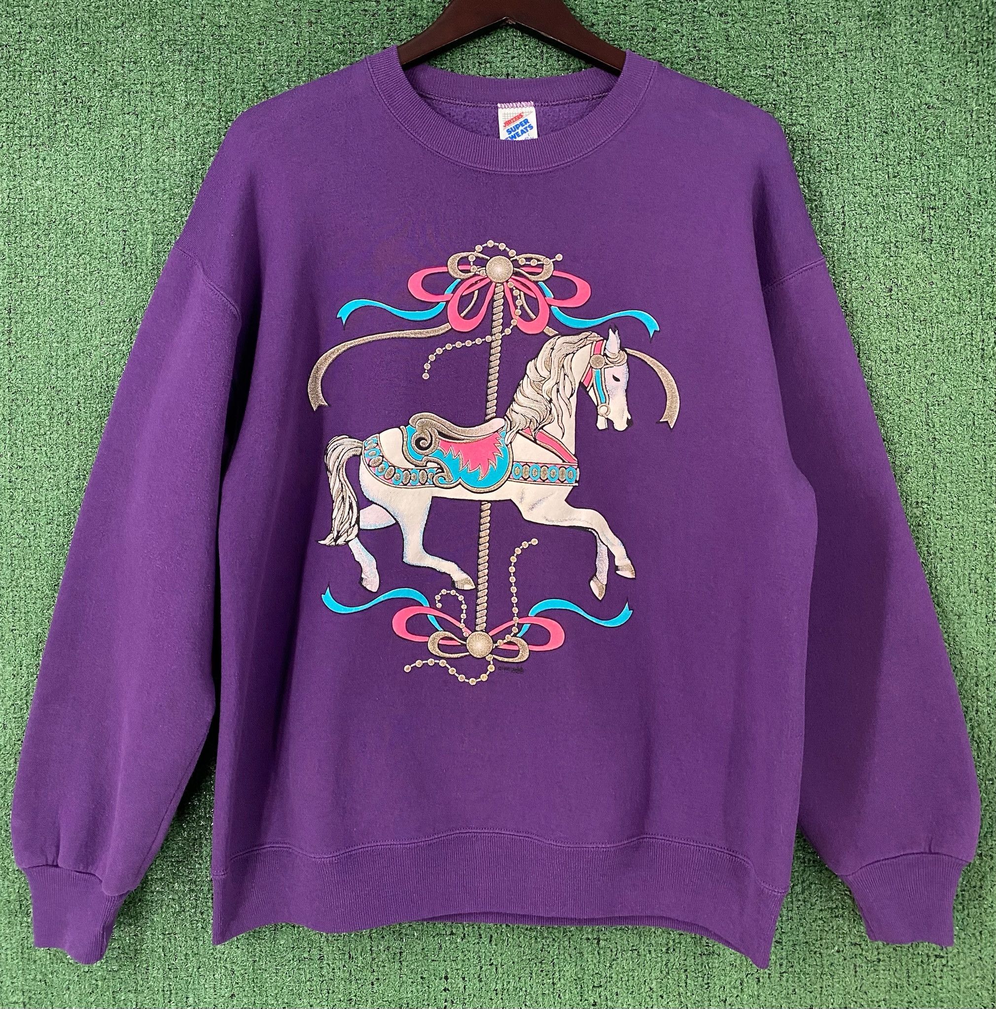 Jerzees 80’s Carousel Horse Purple Sweatshirt Womens Sz Large Size L / US 10 / IT 46 - 1 Thumbnail