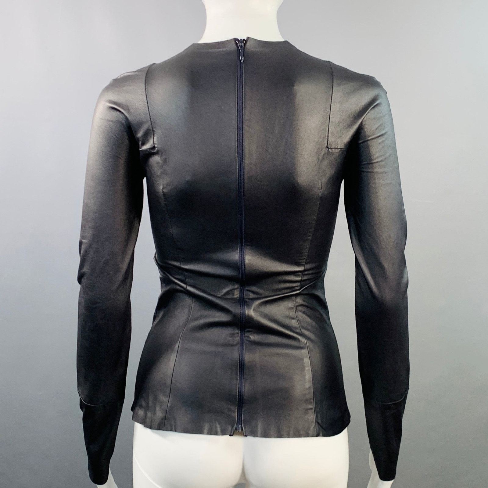 Black Lambskin Leather Long Sleeve Back Zipper Dress Top