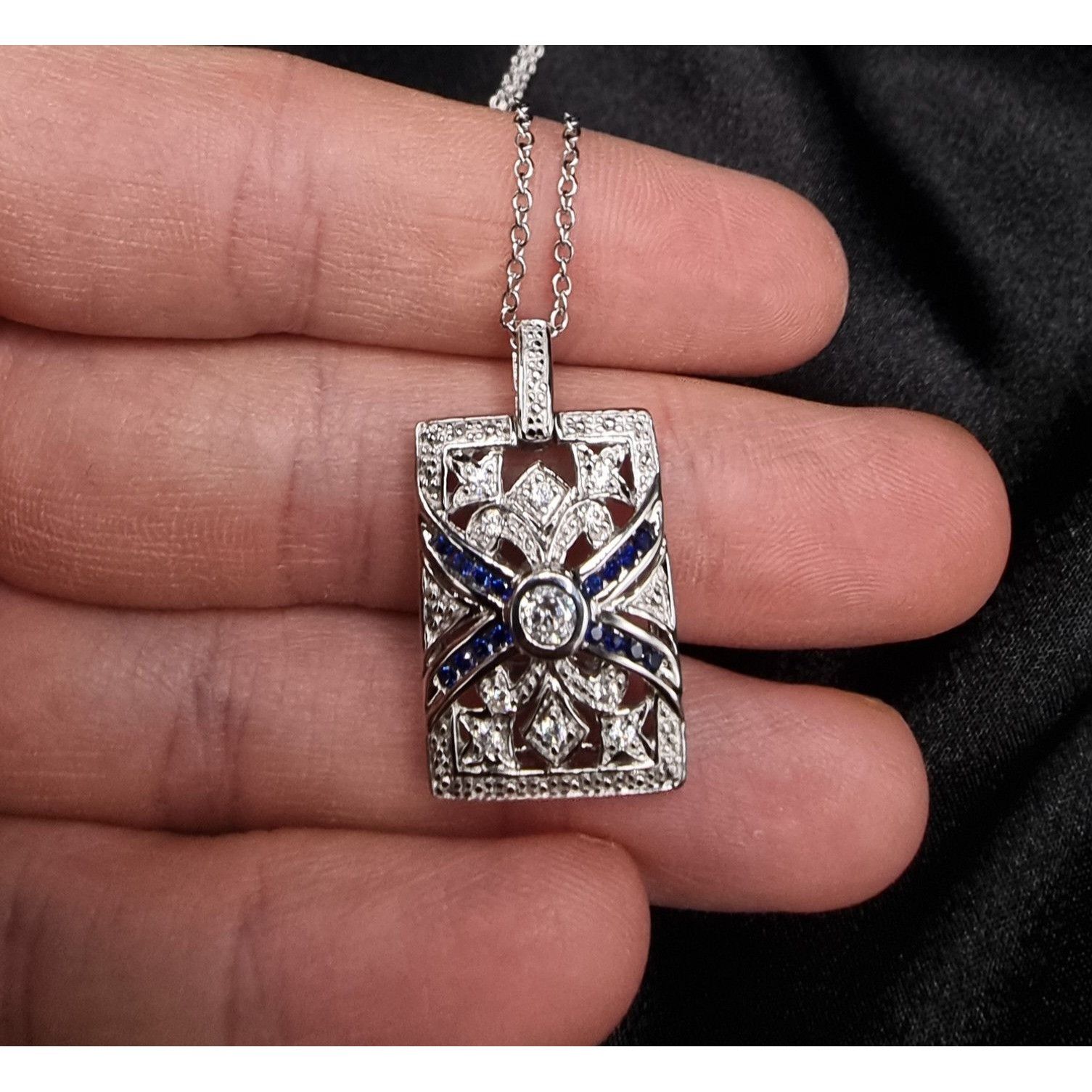 Vintage K Signed 925 Sterling Silver Pendant Necklace With CZ & Blue Size ONE SIZE - 4 Thumbnail
