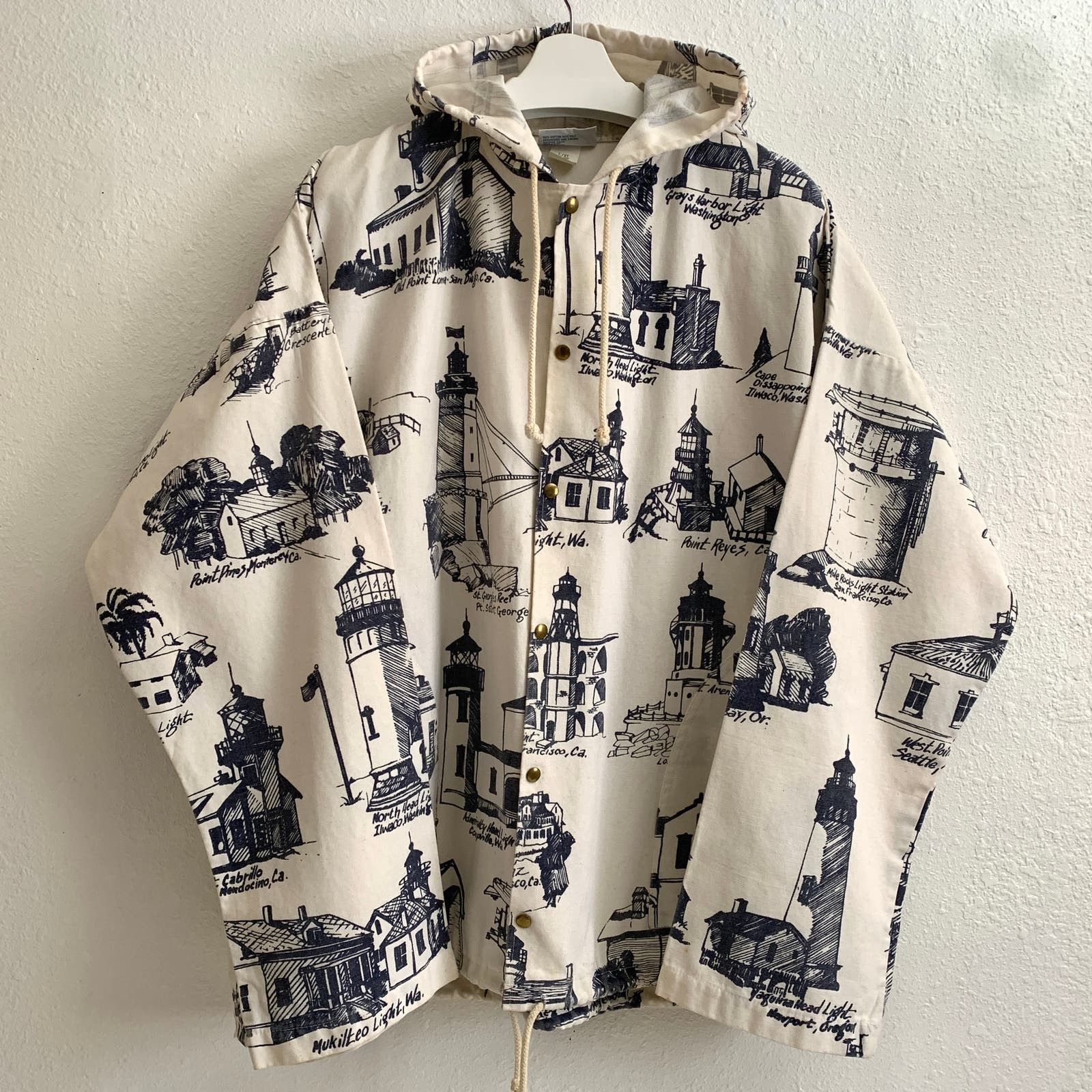 image of Pilgrim Surf Supply x Vintage 80's Michigan Rag Co Lighthouse All Over Canvas Parka in White (Size 