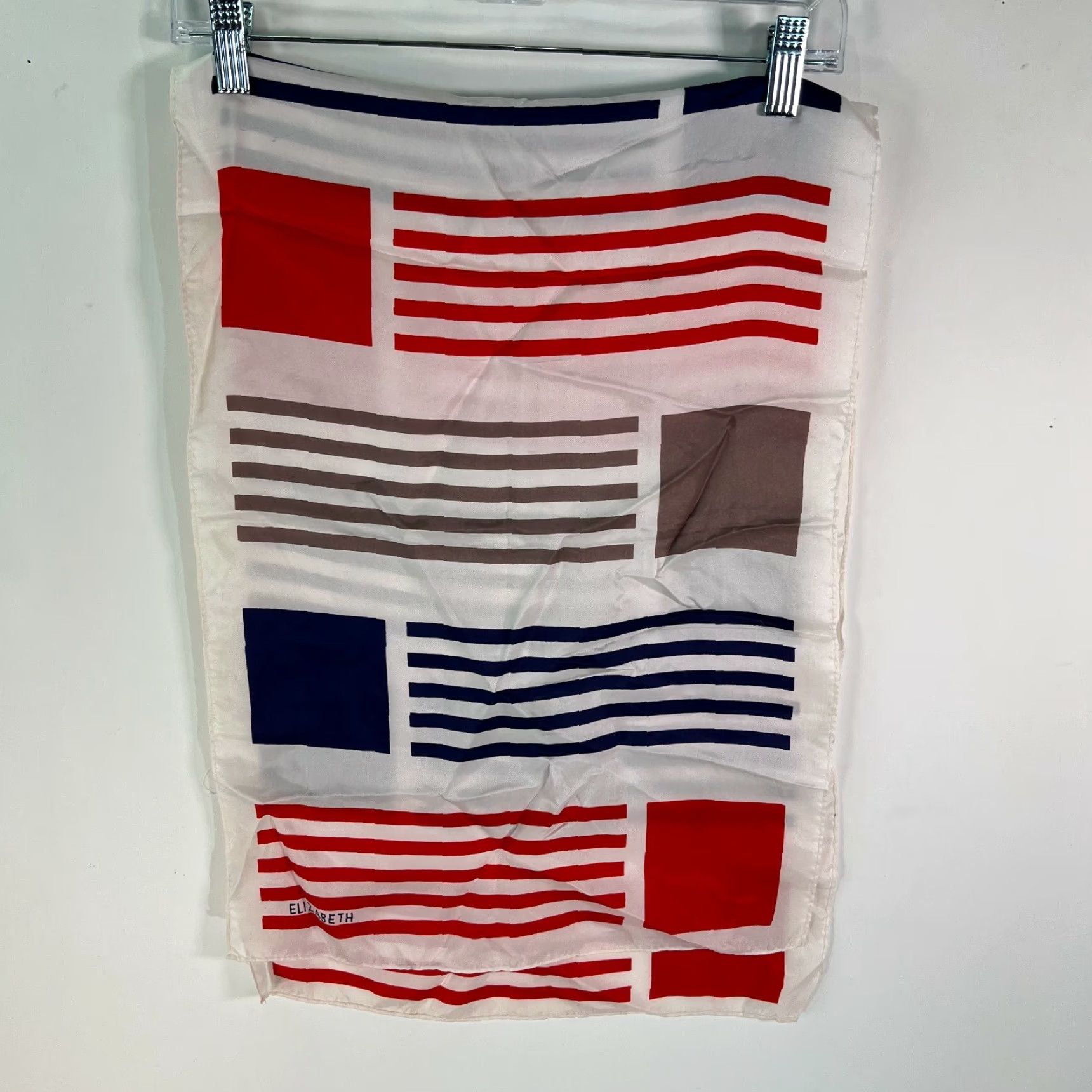 Vintage Elizabeth Ivory Classic Silk Rectangle Scarf Women's Size 15X43 Inch Geometric Pattern Square Shape I 43 in x 15 in Womens Accessories Size ONE SIZE - 2 Thumbnail