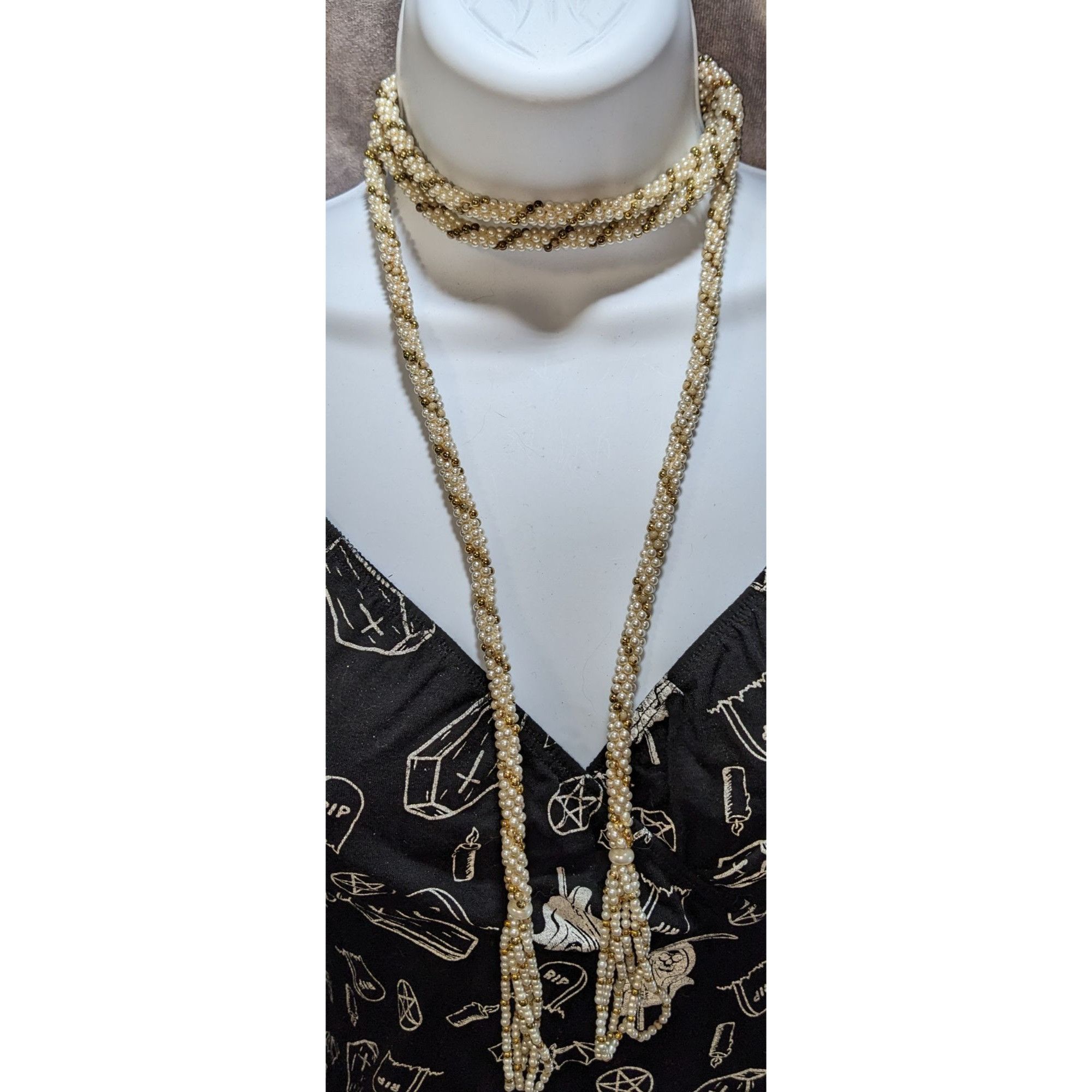 Other Elegant Vintage Gold Tone & Cream Faux Pearl Wrap Necklace W Size ONE SIZE - 4 Thumbnail